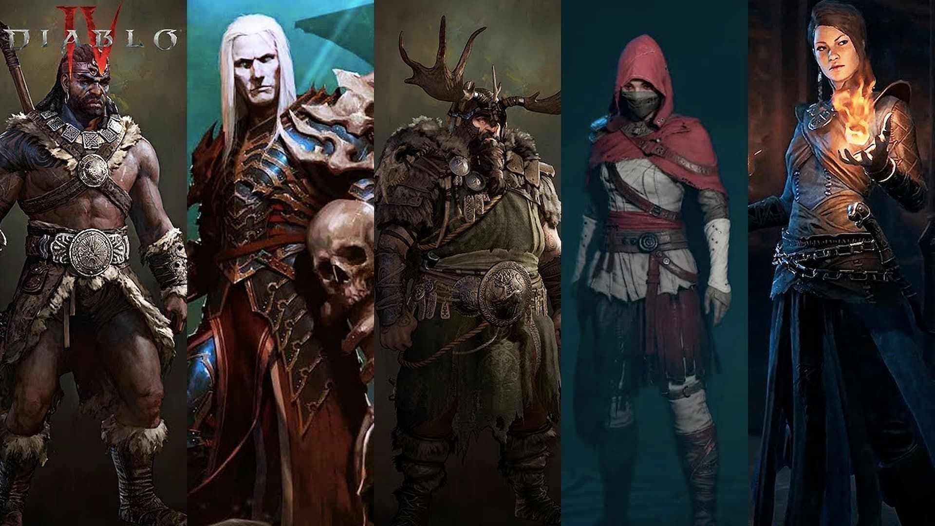 The five classes in Diablo 4 are the Rogue, Barbarian, Sorcerer, Necromancer, and the Druid (Image via Blizzard))