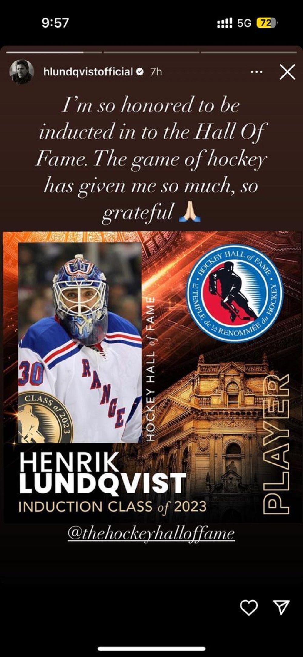 Lundqvist is 11th player in Rangers history to have jersey retired