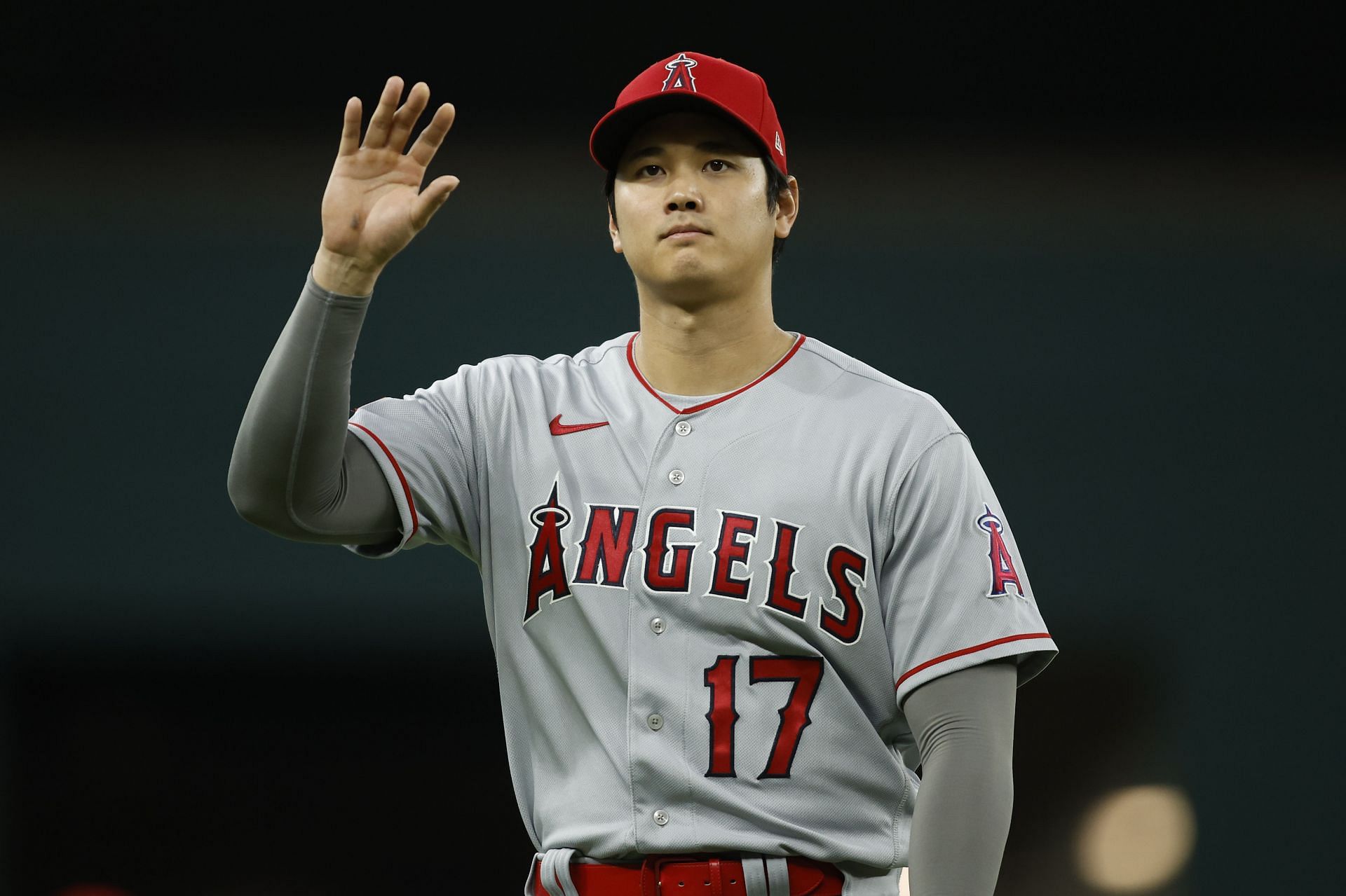 Shohei Ohtani of the Los Angeles Angels waves to fans before a game against the Texas Rangers.