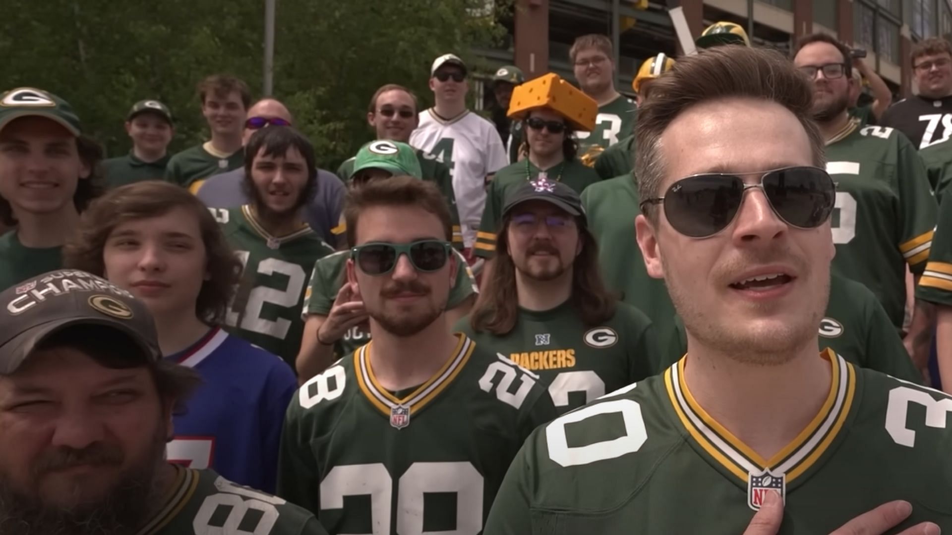 YouTuber Tom Grossi (right foreground, with shades) spent time with Green Bay Packers fans outside Lambeau Field during Day 1 of his 30 NFL Stadiums in 30 Days Challenge. (Image credit: Tom Grossi/YouTube)