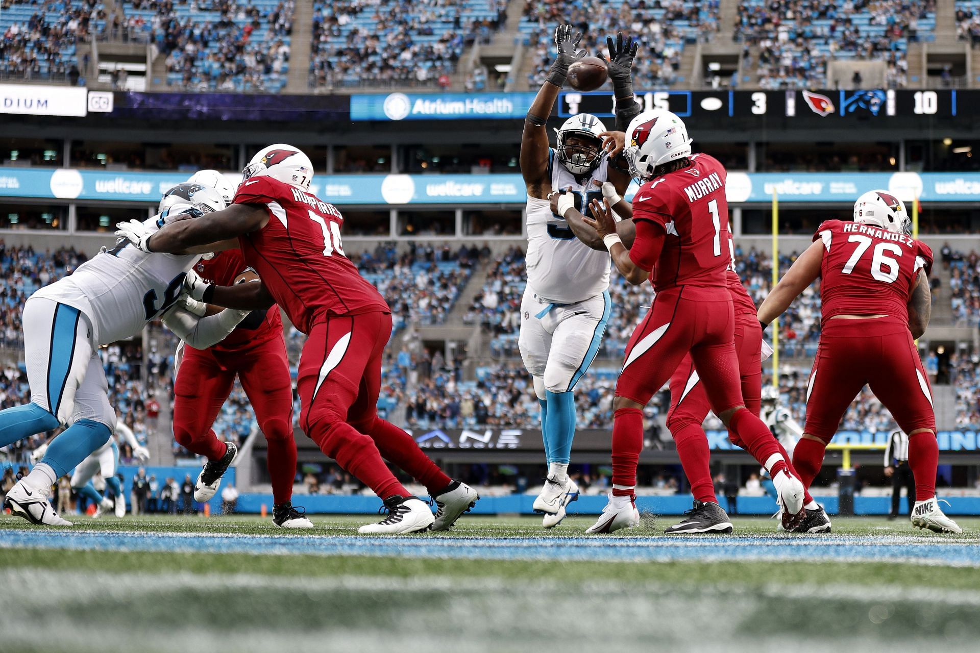 Derrick Brown #95 of the Carolina Panthers blocks a pass by Kyler Murray #1 of the Arizona Cardinals