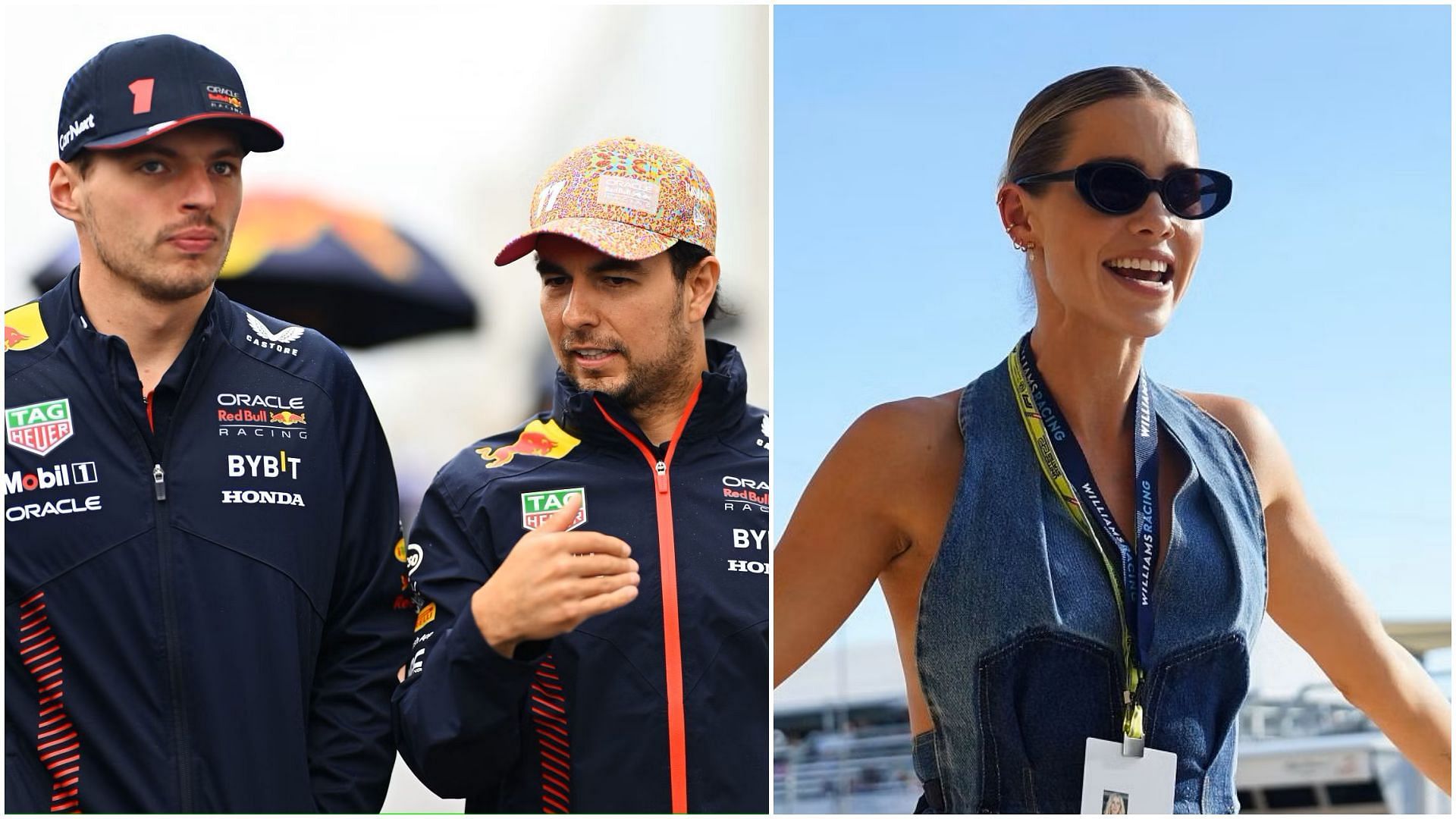 Max Verstappen and Sergio Perez in the paddock ahead of the 2023 F1 Canadian Grand Prix (R). Claire Holt during the 2022 F1 United States Grand Prix (L) (Collage via Sportskeeda)