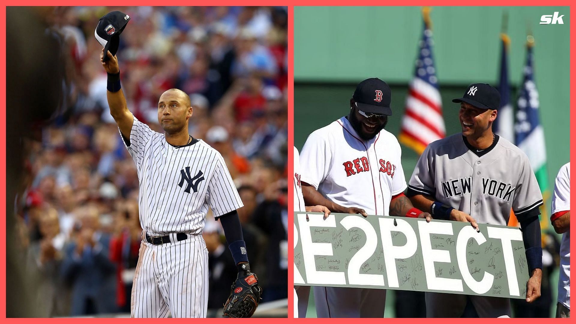 Yankees legend Derek Jeter reacts to recieving a Red Sox jersey on