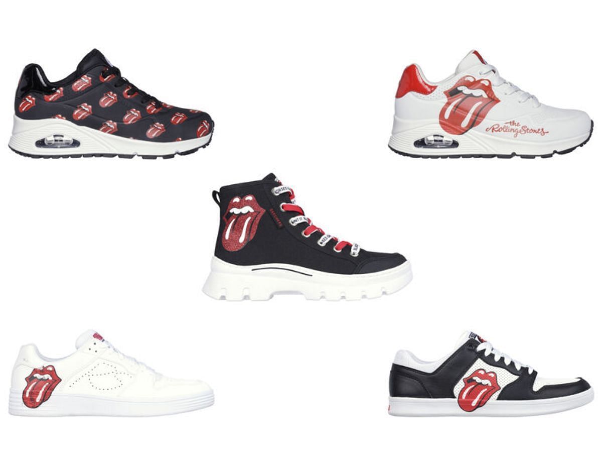 The newly released Skechers x The Rolling Stones sneaker collection feature Uno, Classic Cup, and Palmilla sneaker models (Image via Sportskeeda)
