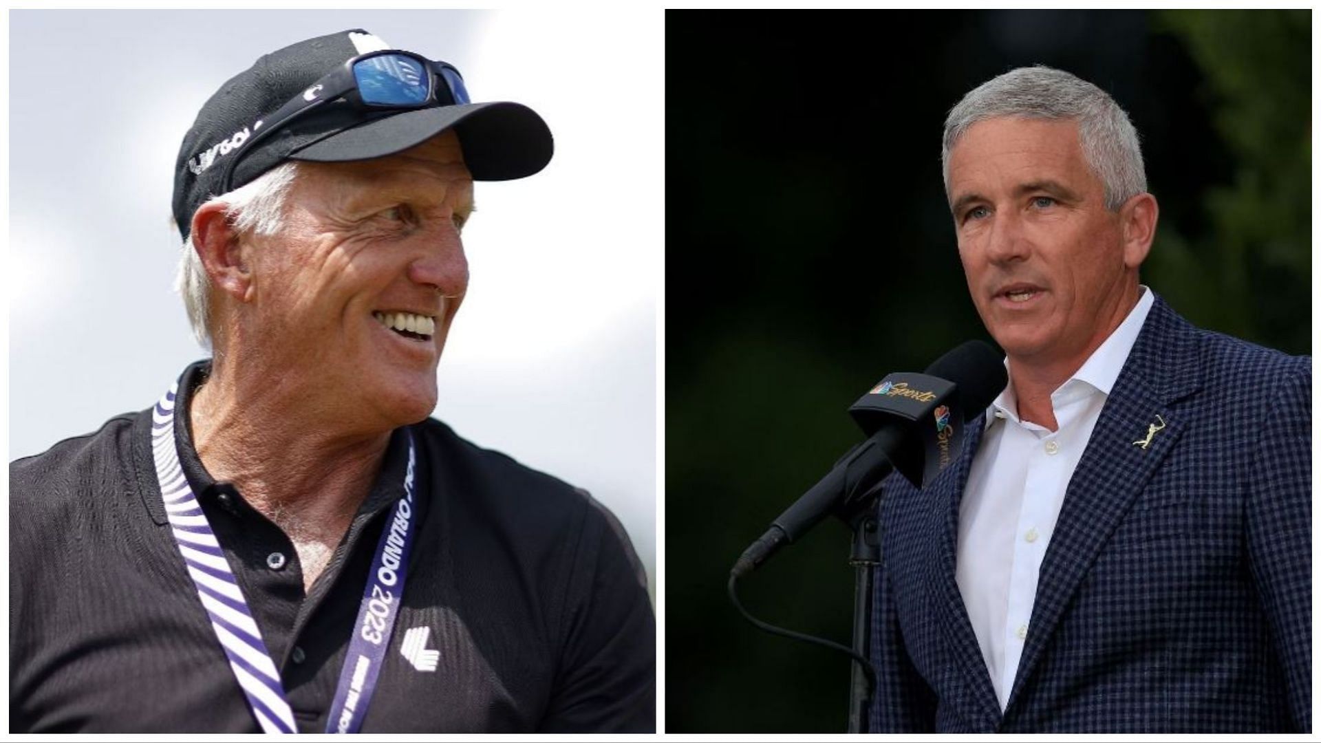 LIV Golf CEO Greg Norman and PGA Tour Commissioner Jay Monahan (via Getty Images)