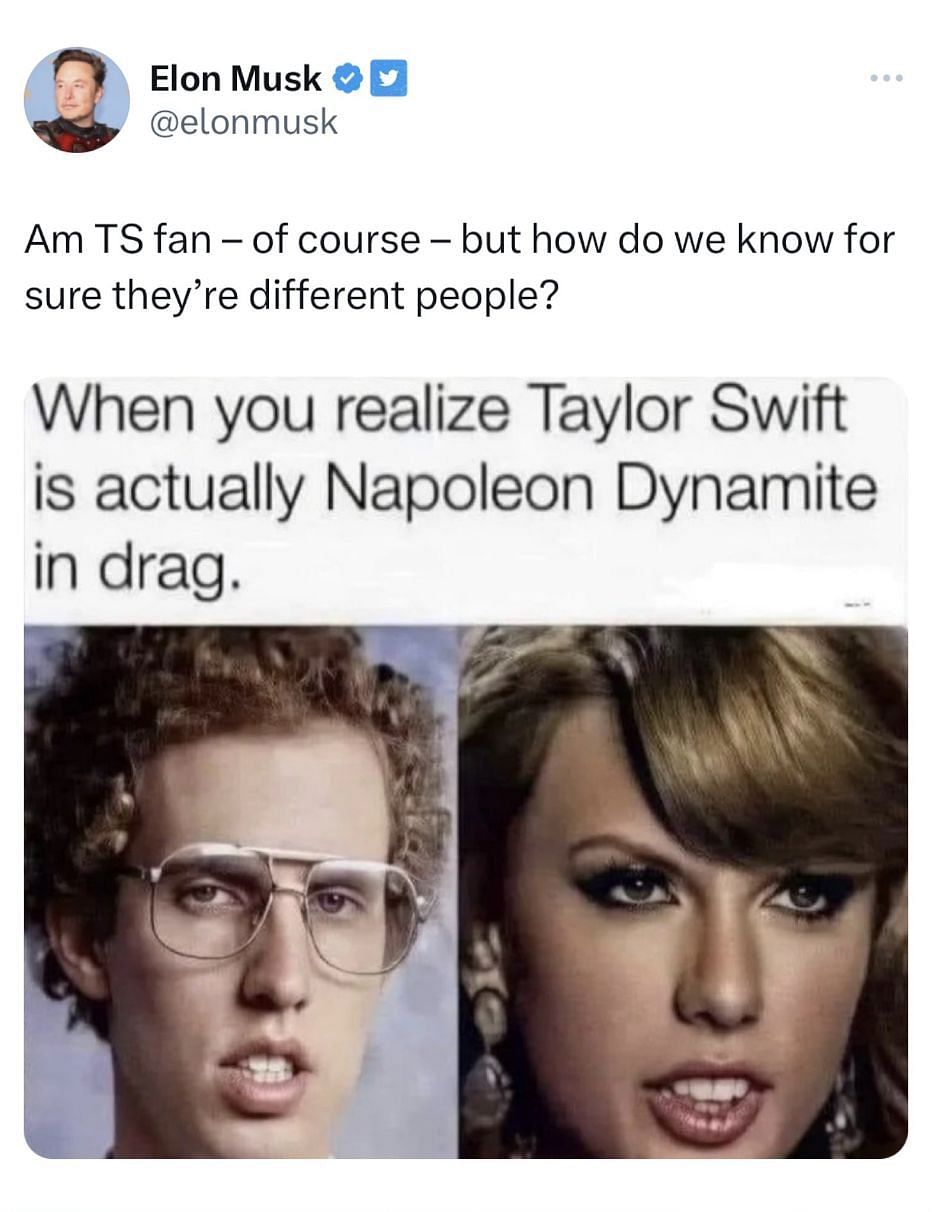 Elon Musk tweets about Taylor Swift resembling Napolean Dynamite. (Image via Twitter)