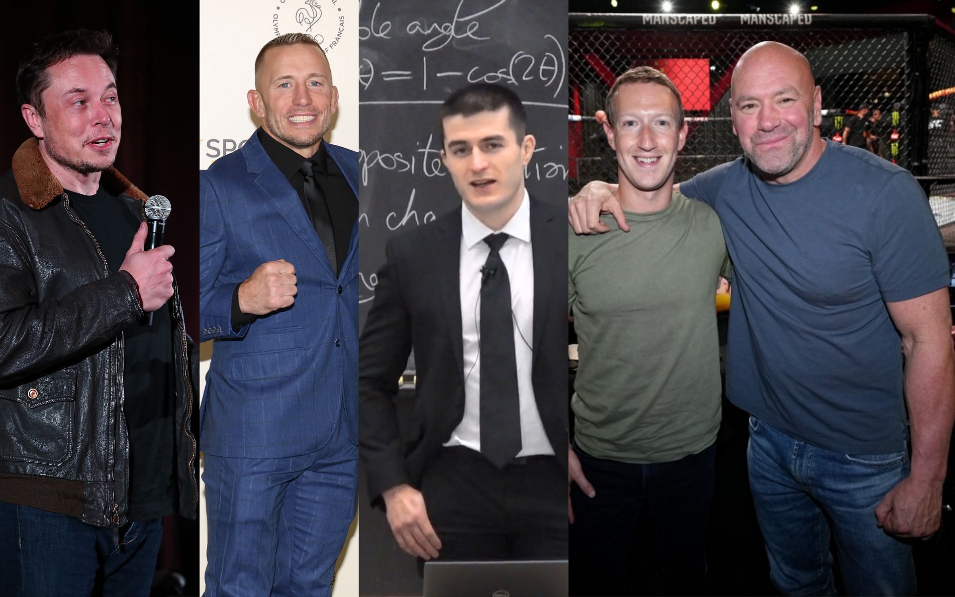 Elon Musk (far left), Georges St-Pierre (centre left), Lex Fridman (centre right), Mark Zuckerberg and Dana White (far right). [Images courtesy: centre right image from lexfridman.com and the rest from Getty Images]