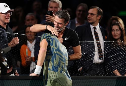 Holger Rune and Patrick Mouratoglou pictured at the 2022 Rolex Paris Masters.