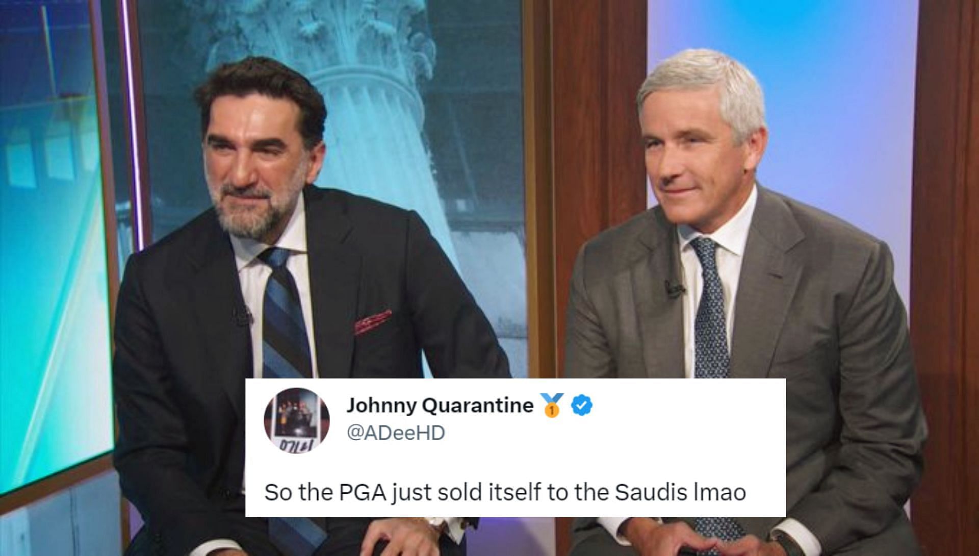 PGA Commissioner, Jay Monahan, and Saudi PFI Governor, Yasir Al-Rumayyan giving a joint interview about the merger (Image via Twitter @Saudi_Gazette).