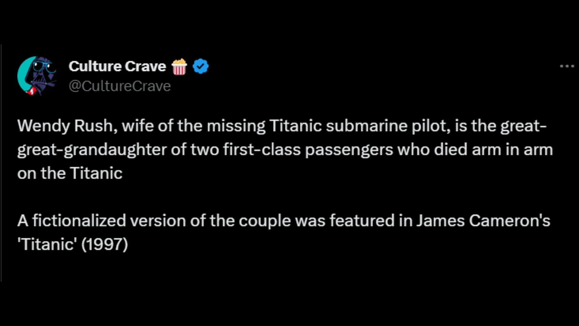 A Twitter user shares the link between Stockton Rush and two of the original Titanic passengers. (Image via Twitter/Culture Crave)