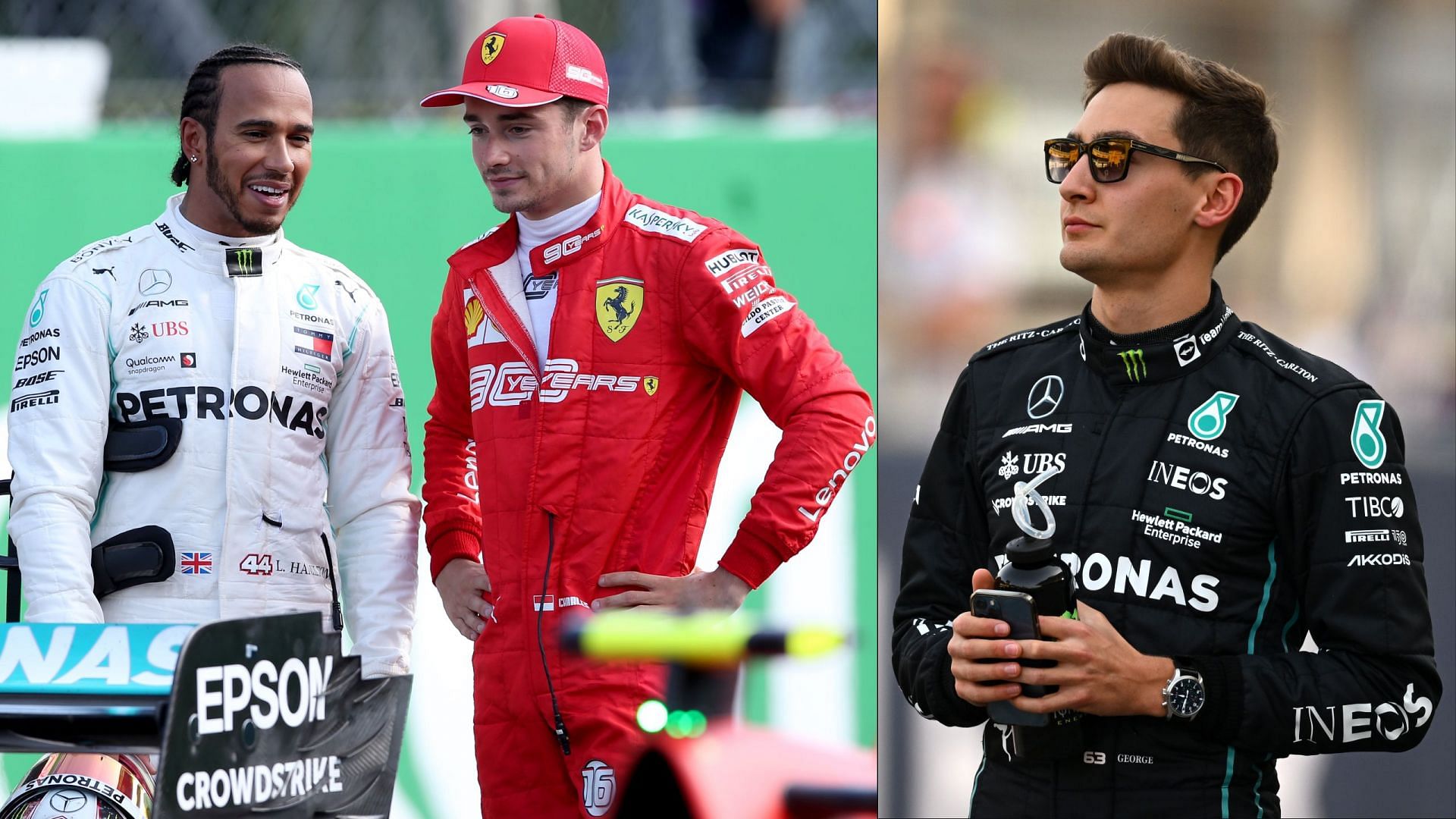 Lewis Hamilton and Charles Leclerc (L), George Russell (R).