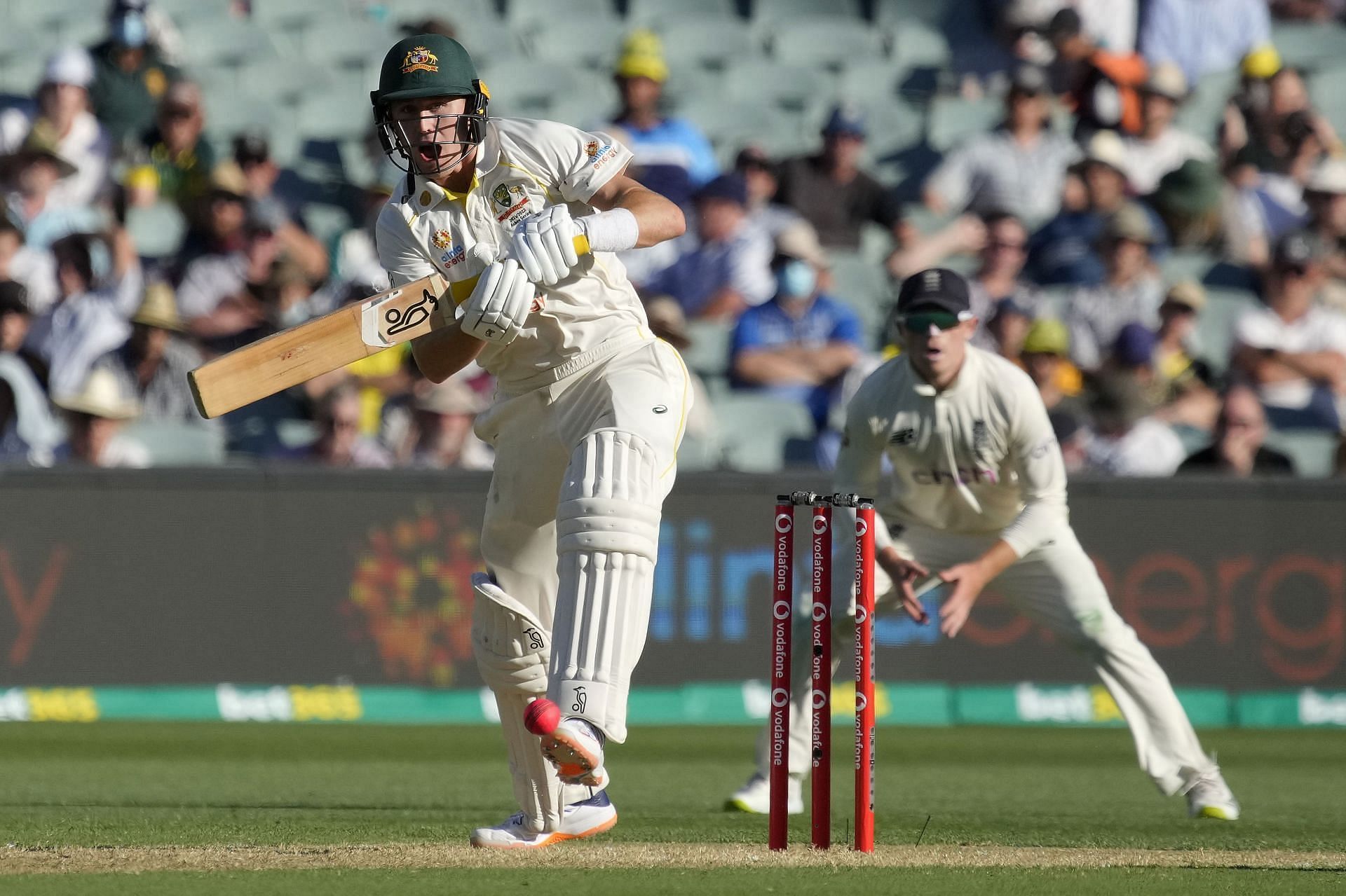 Marnus Labuschagne bats during day one of the 2nd 2021-22 Ashes Test. Pic: Getty Images
