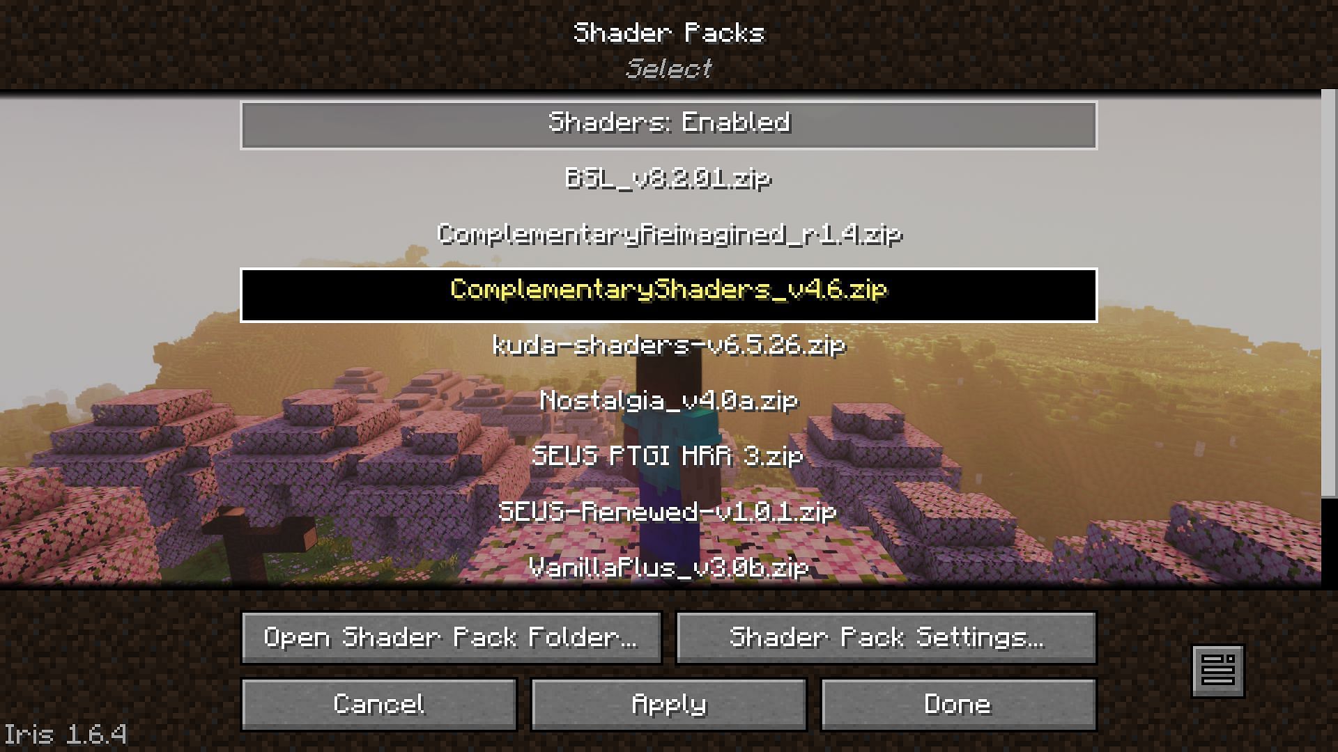 Shader packs selection screen in Iris shaders (Image via Mojang)