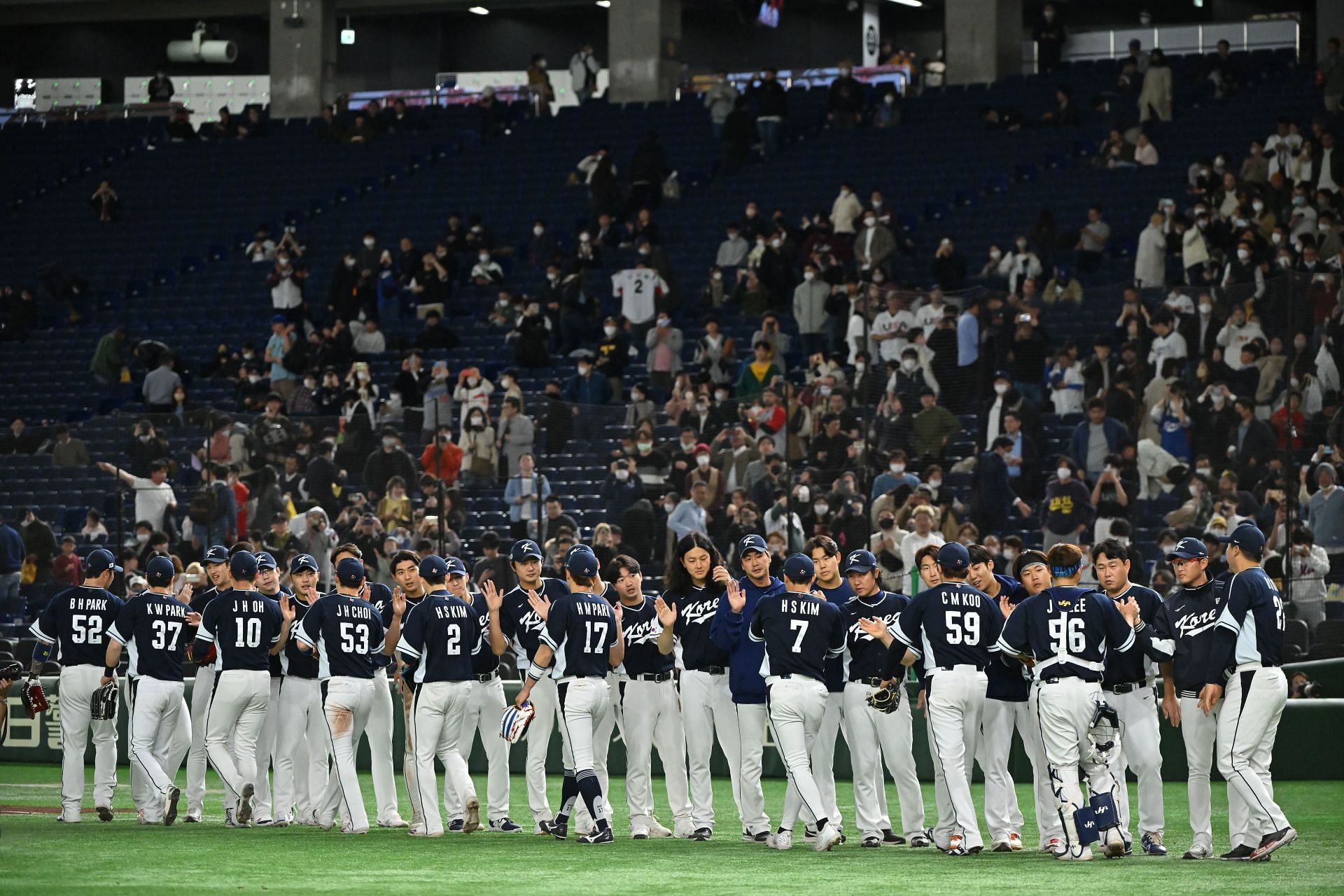 Korea players celebrate the team&#039;s victory in the World Baseball Classic Pool B game between Korea and China at Tokyo Dome on March 13, 2023