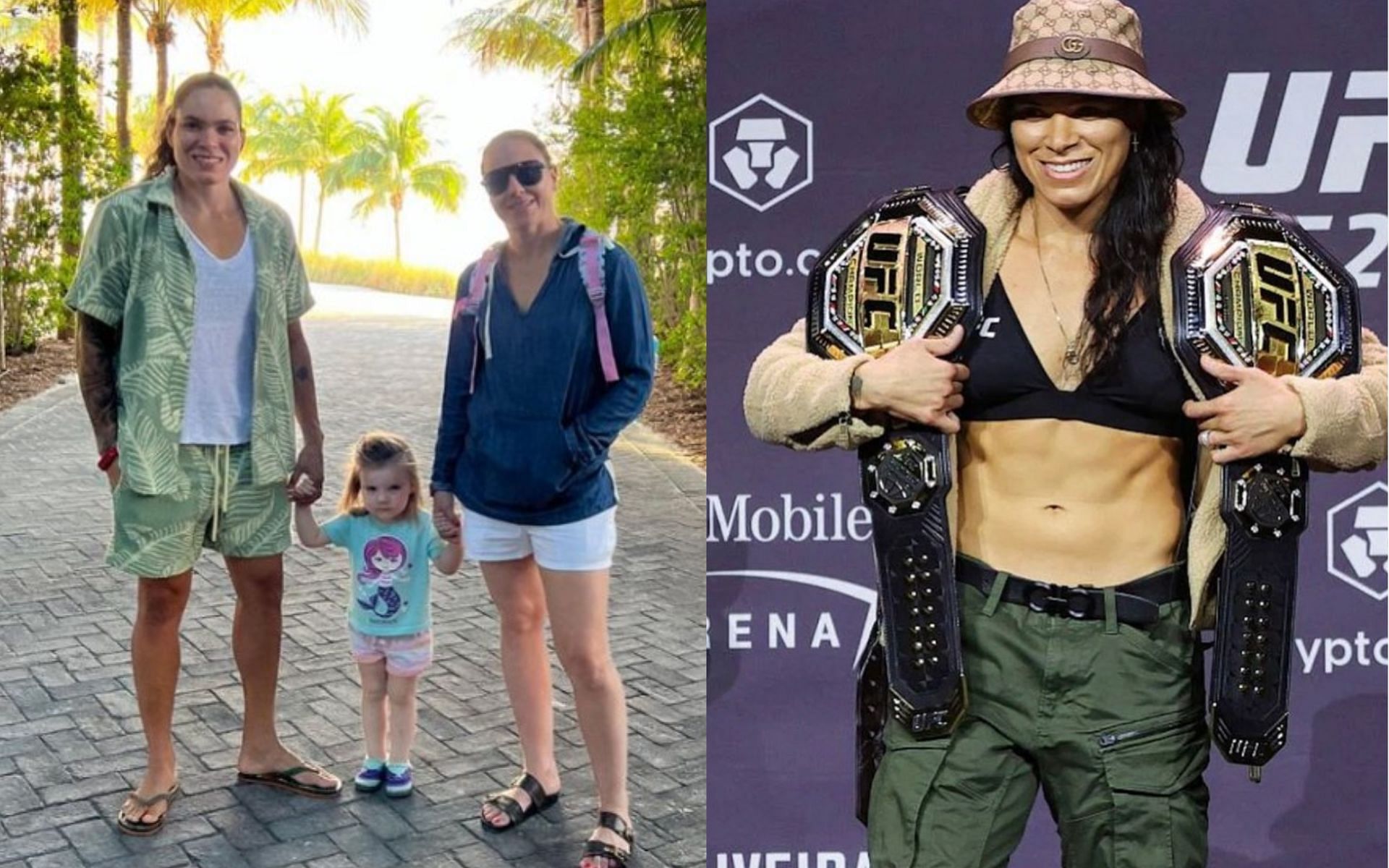 Amanda Nunes with her partner and child (left) and Nunes with bantamweight and featherweight titles (right) [Images Courtesy: @amanda_leoa on Instagram]