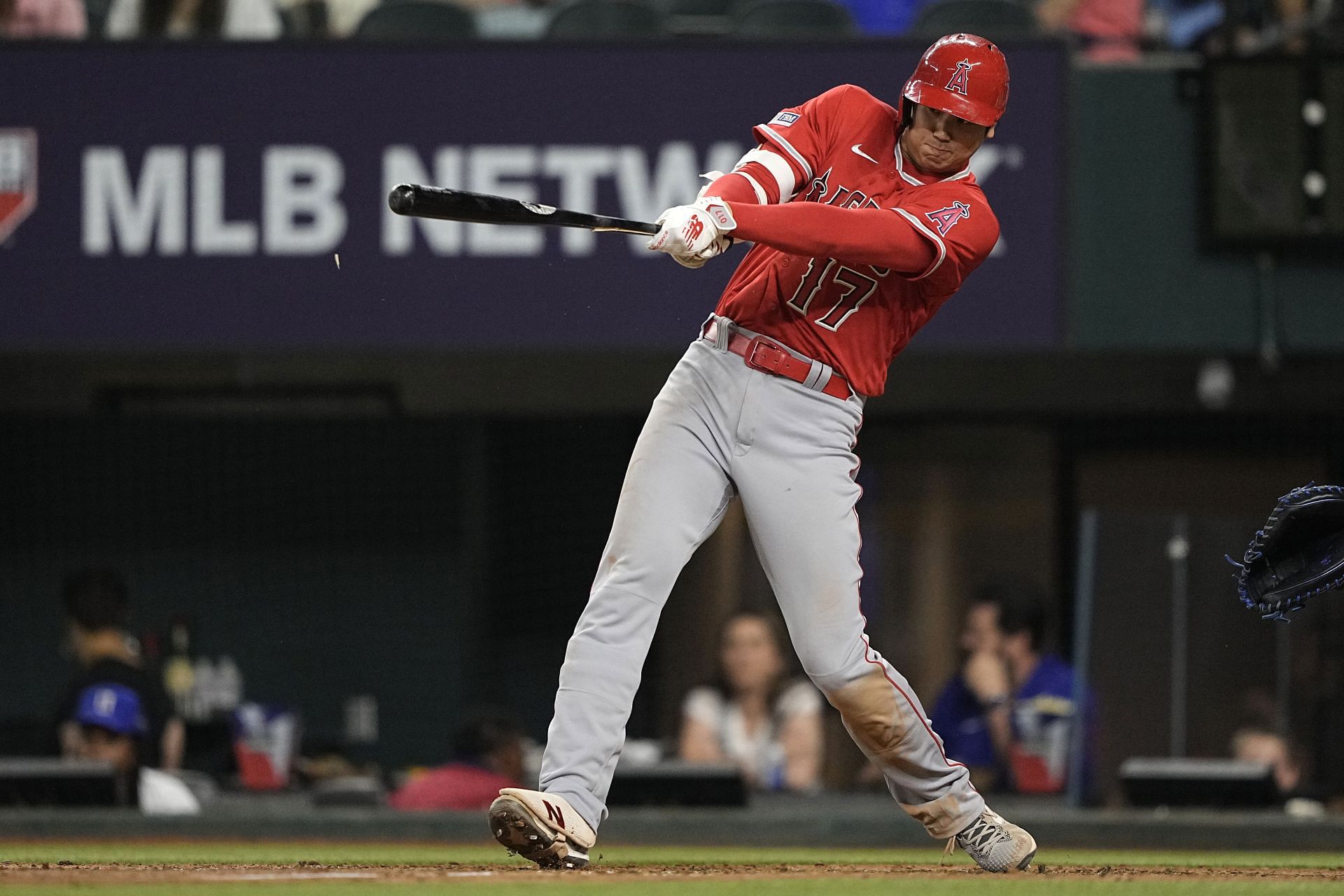 Shohei Ohtani of the Los Angeles Angels singles against the Texas Rangers at Globe Life Field