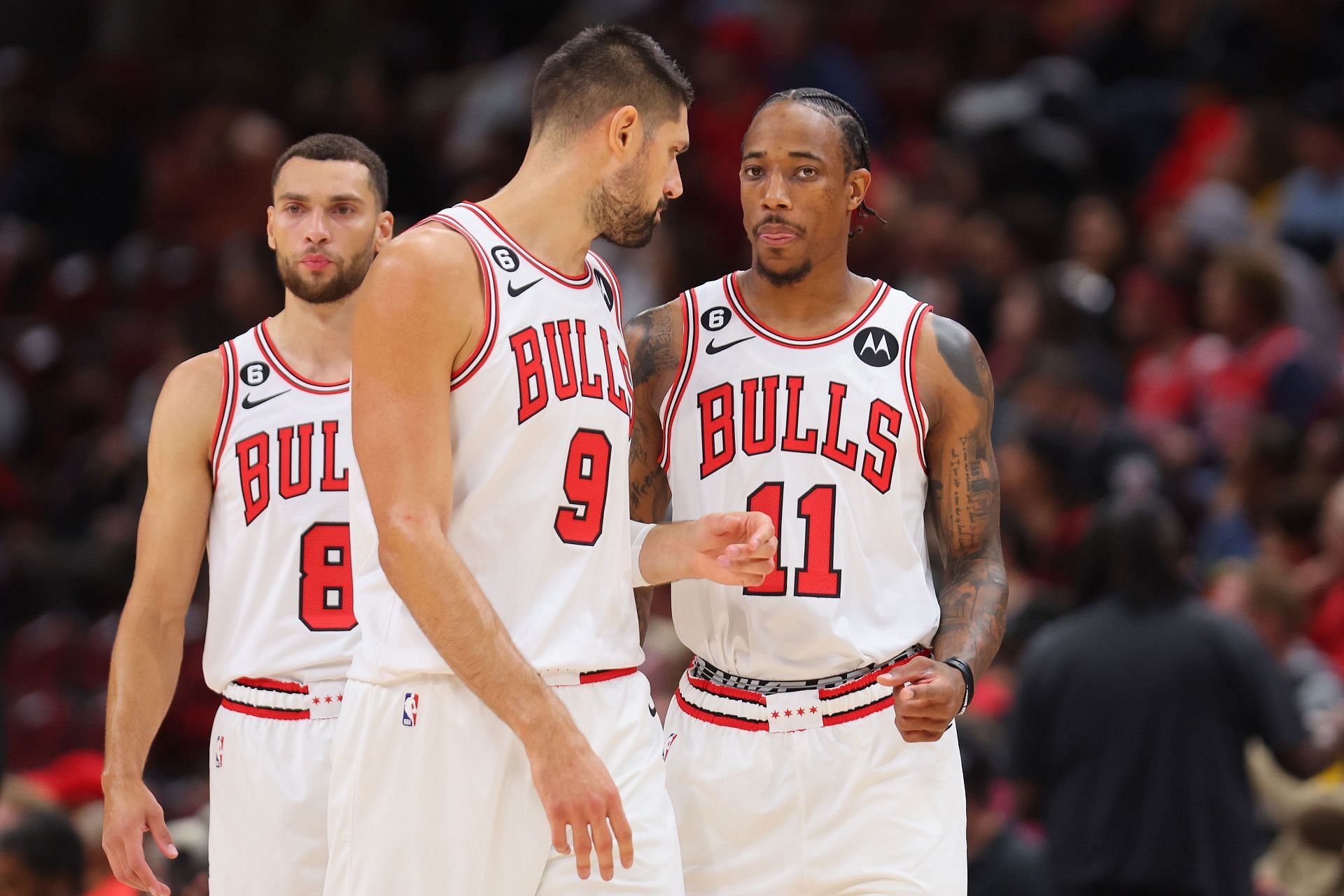 Zach LaVine, Nikola Vucevic and DeMar DeRozan of the Chicago Bulls