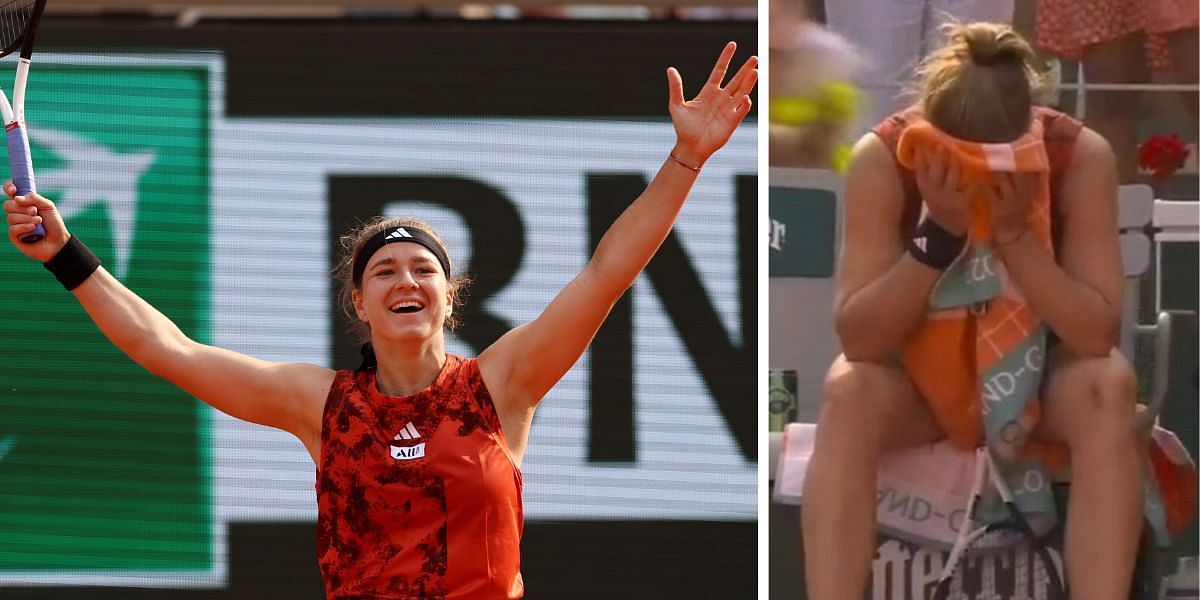 Karolina Muchova celebrates after entering French Open final