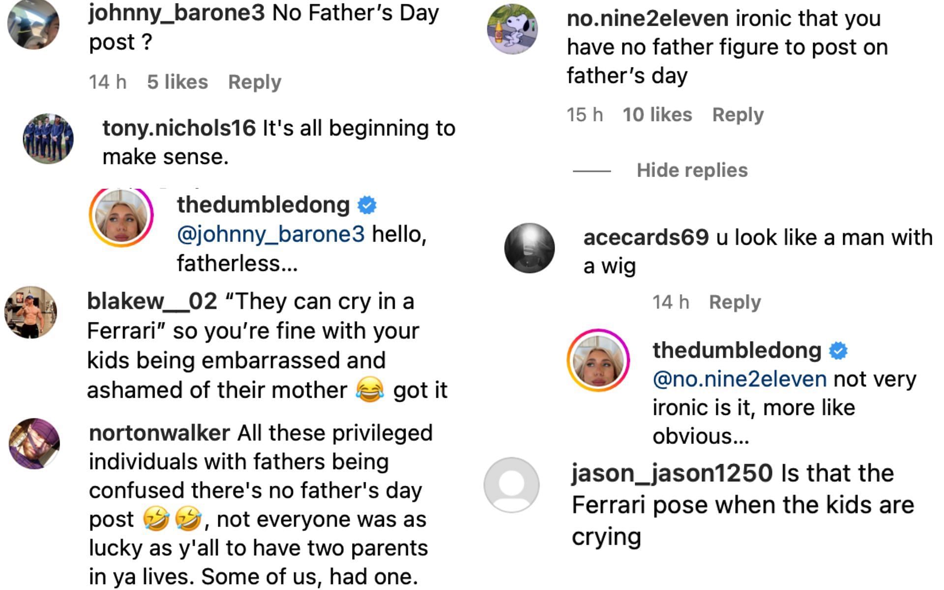 Comments under Brooke&#039;s Instagram post, including her retorts. [via Instagram @thedumbledong]