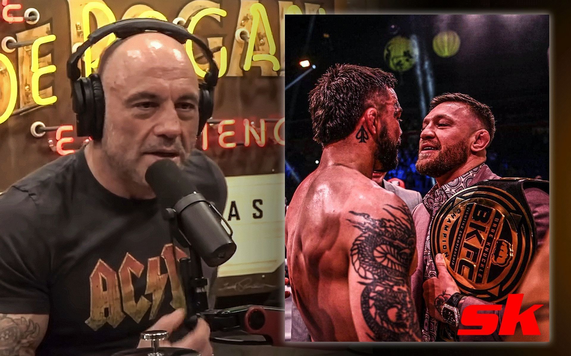 Joe Rogan (left) and Conor McGregor vs. Mike Perry (right) [Image credits: @PowerfulJRE on Youtube and @thenotoriousmma on Instagram]