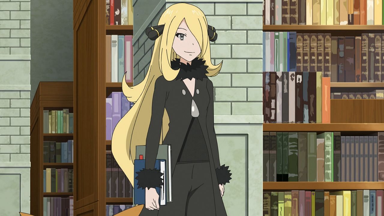 Cynthia, as seen in the anime (Image via The Pokemon Company)