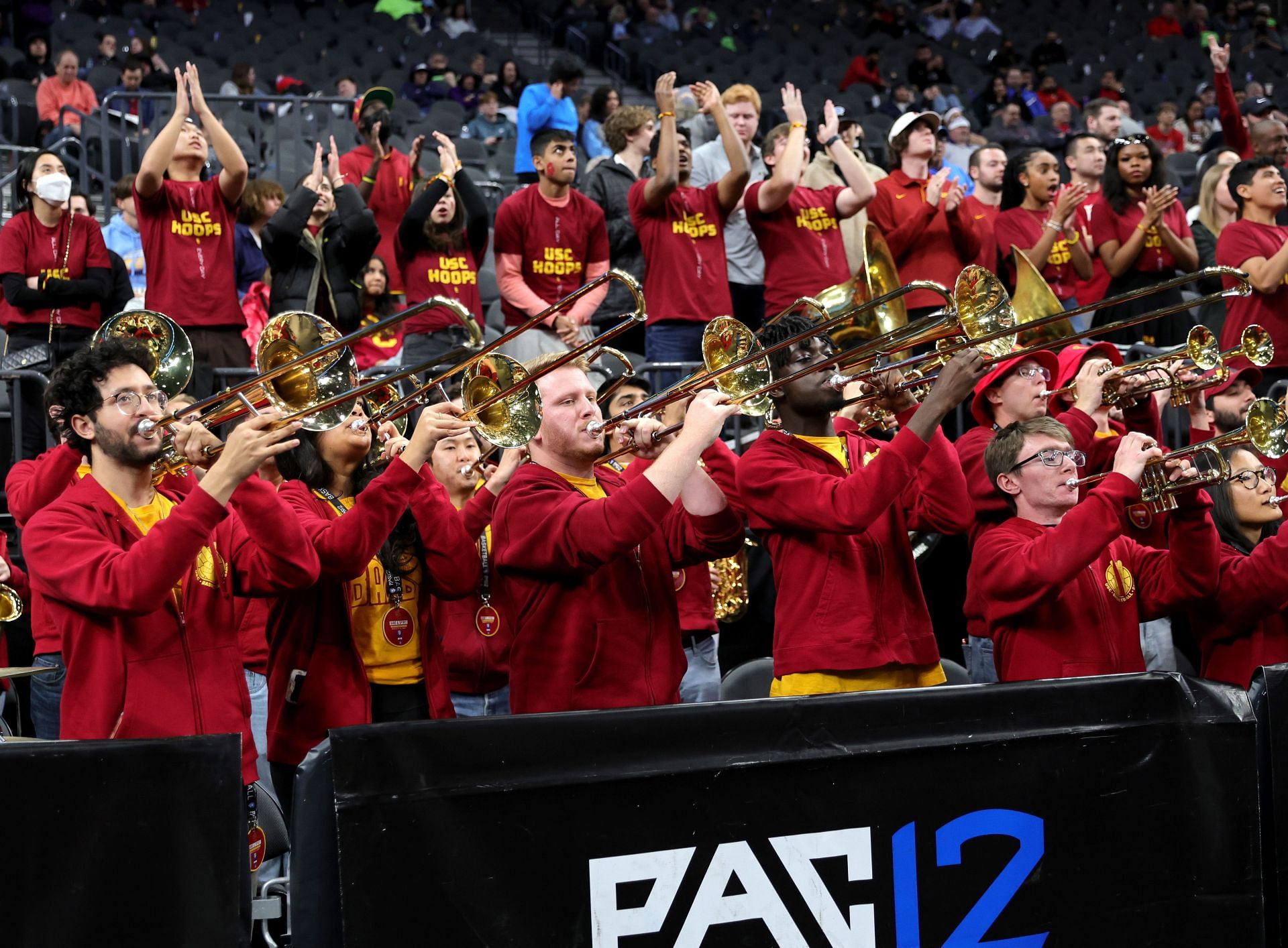 Trojans band performs as the team takes on the UCLA Bruins during the Pac-12 Conference basketball tournament semifinals