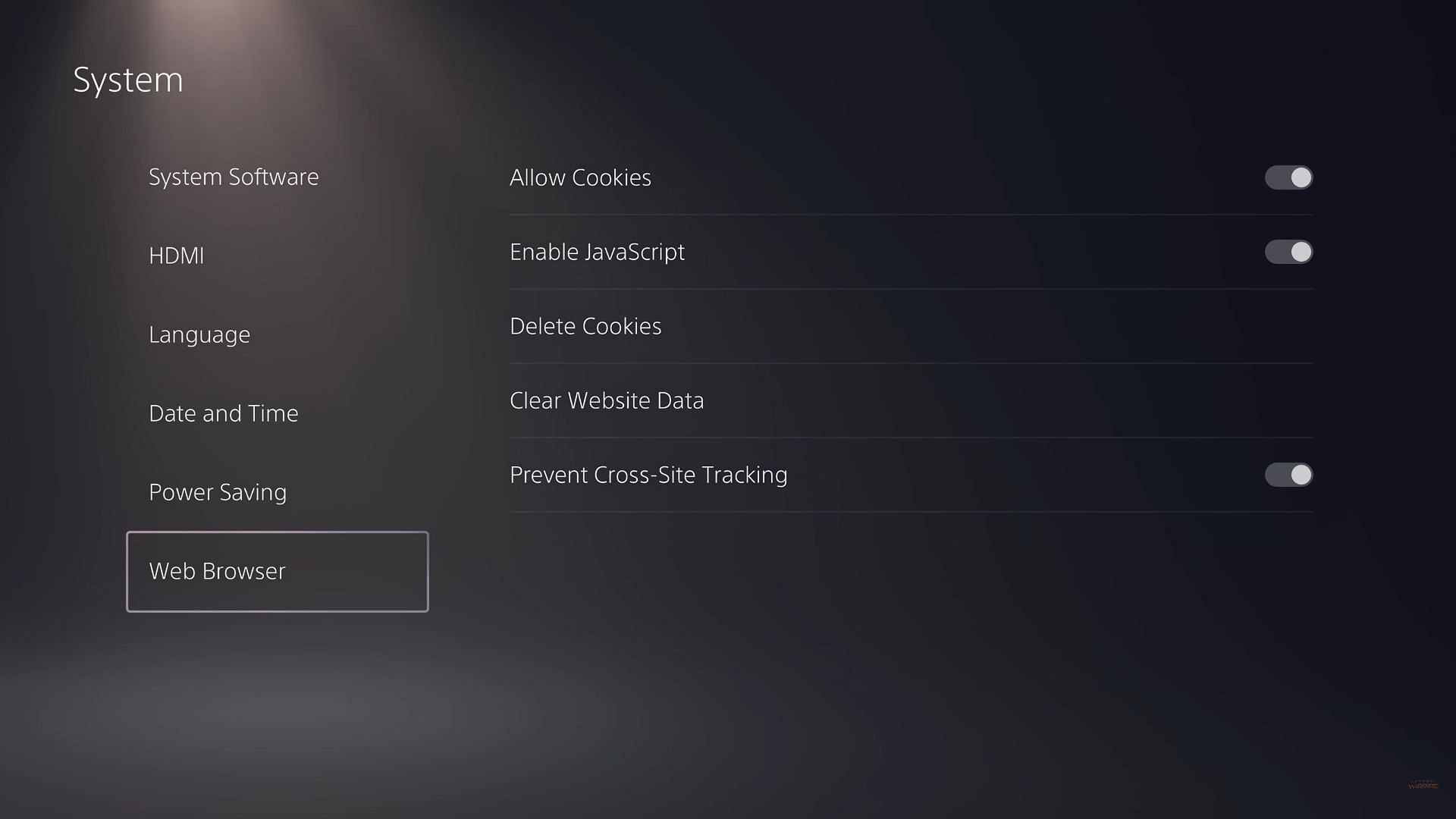 The web browser settings on the PS5 browser (Image via Modded Warfare/YouTube)