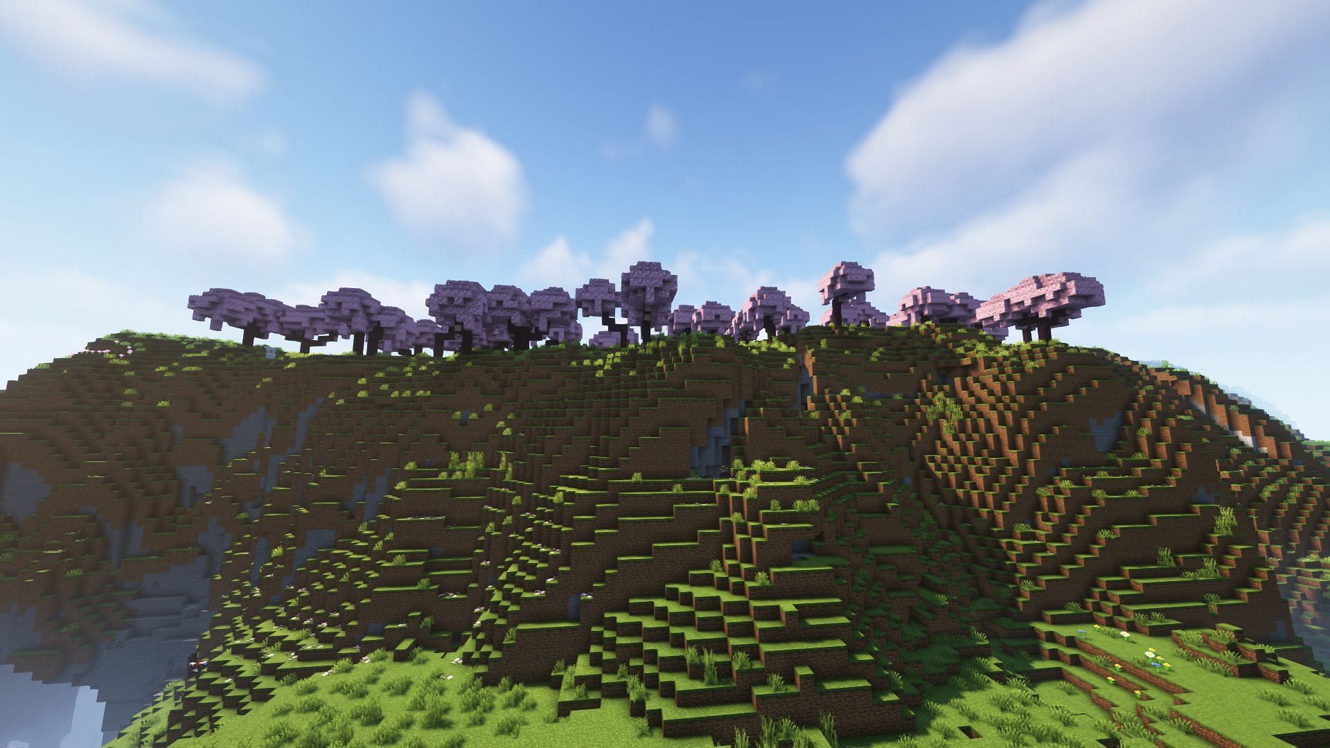 The Cherry Blossom biome will mostly generate on top of mountains, near the Meadow biome in Minecraft 1.20 update (Image via Mojang)