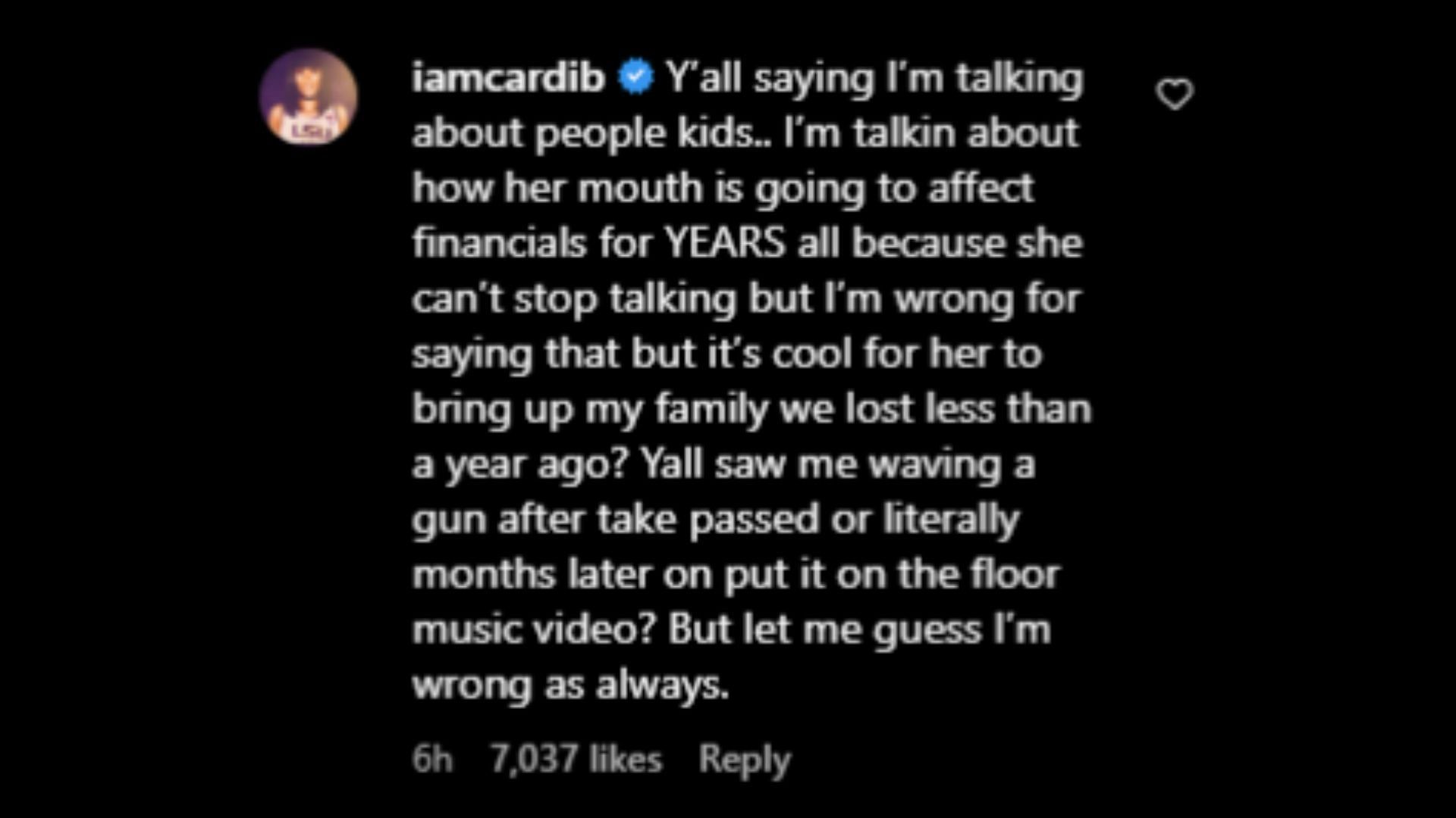 Screenshot of Cardi B&#039;s comment on The Neighborhood Talk&#039;s post.