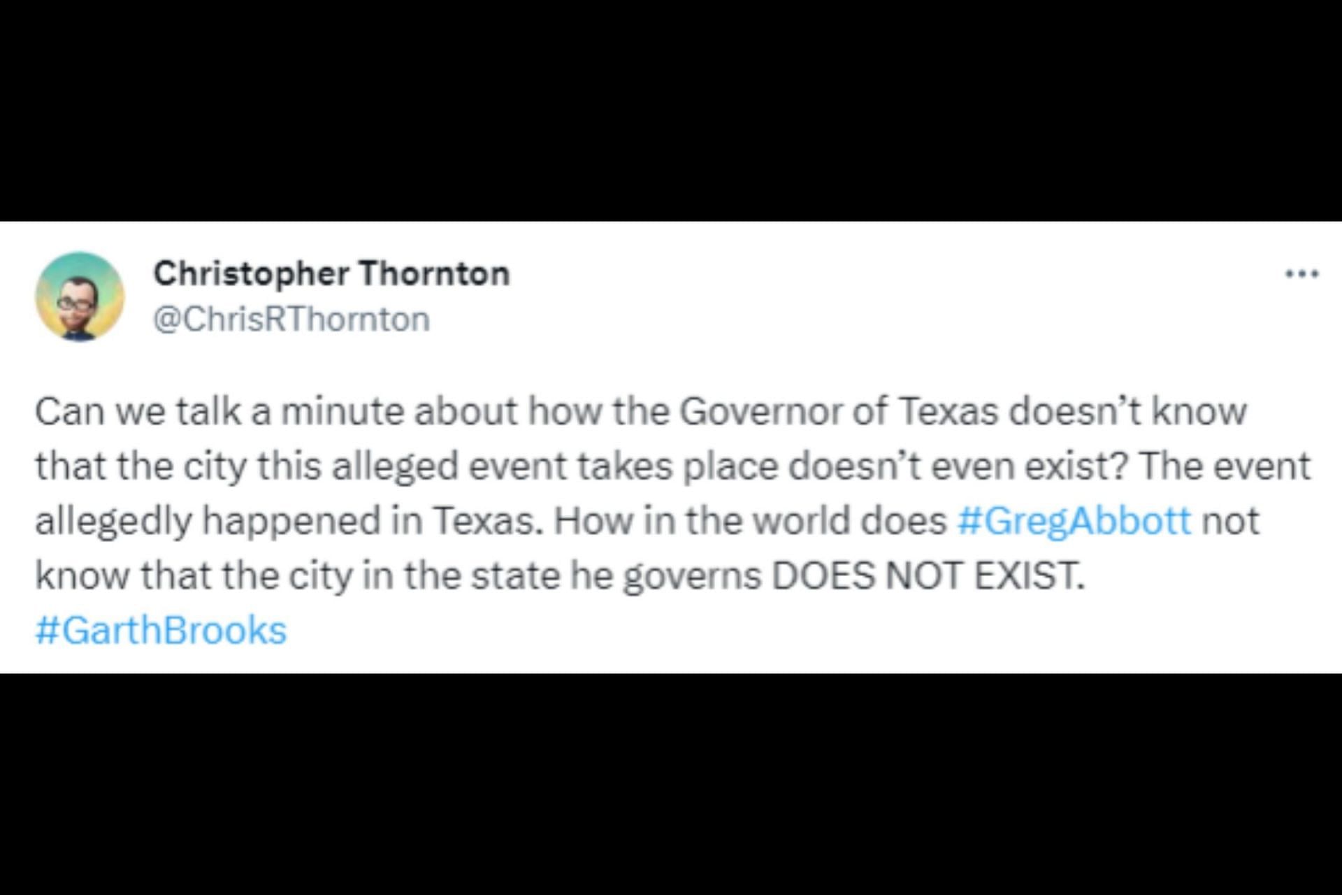 Internet reacts to satire article on Garth Brooks and the Texas Governor&#039;s tweet on it. (Image via Twitter/@ChrisRThornton)