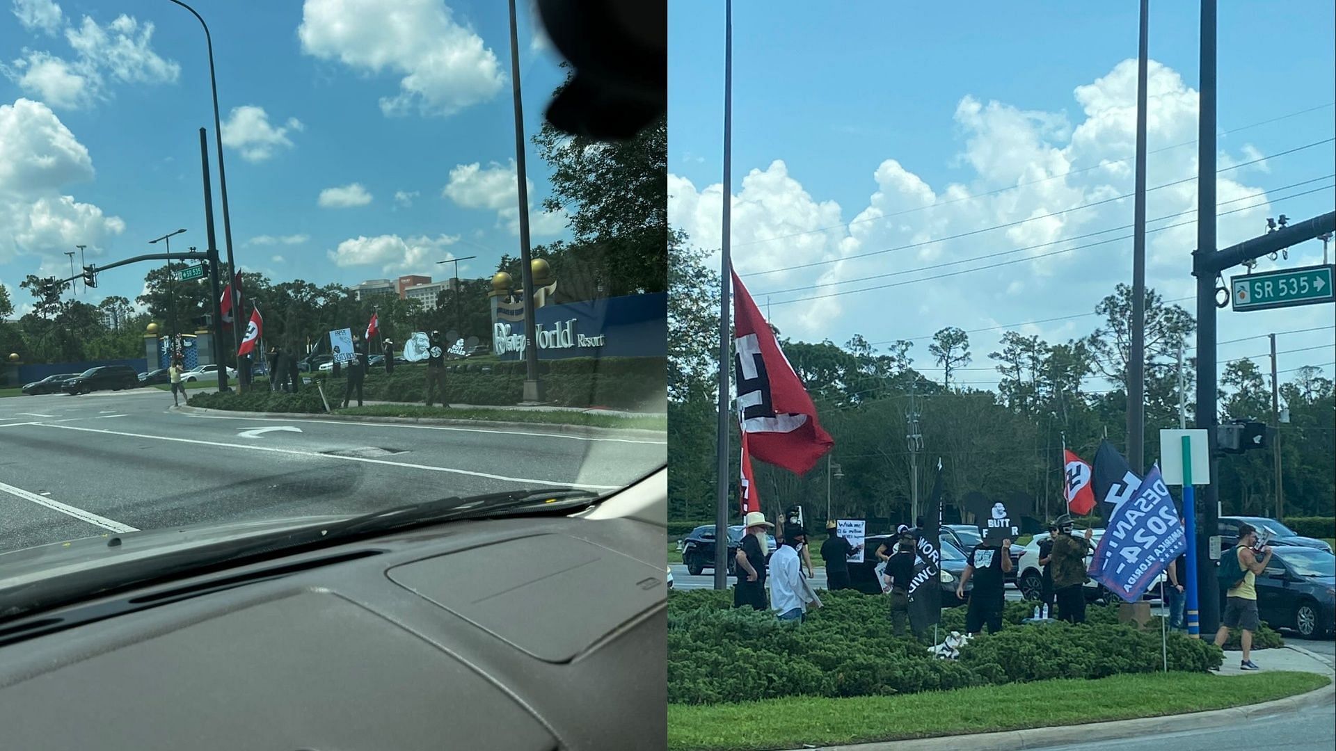 Protestors waved Nazi flags at the entrance  to Disney World, Orlando (Image via Twitter/@AnnaForFlorida)