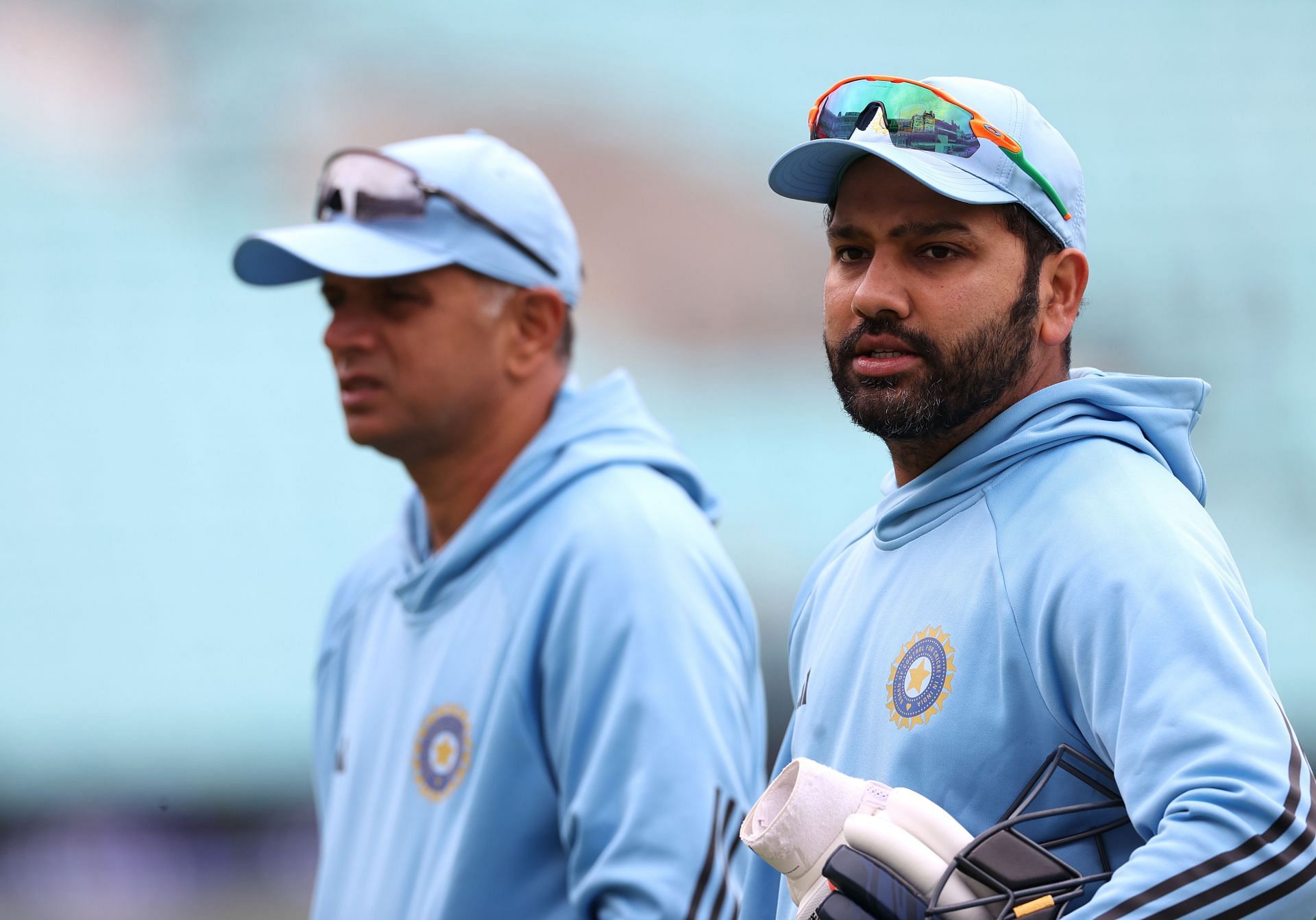 Rahul Dravid (left) and Rohit Sharma during India&rsquo;s training session. (Pic: Getty Images)