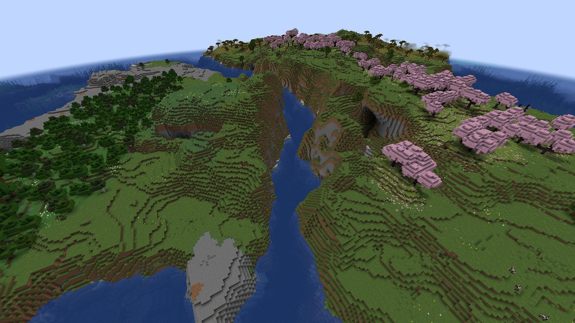 The survival island in this Minecraft seed offers up cherry groves and some interesting building locations (Image via Mojang)