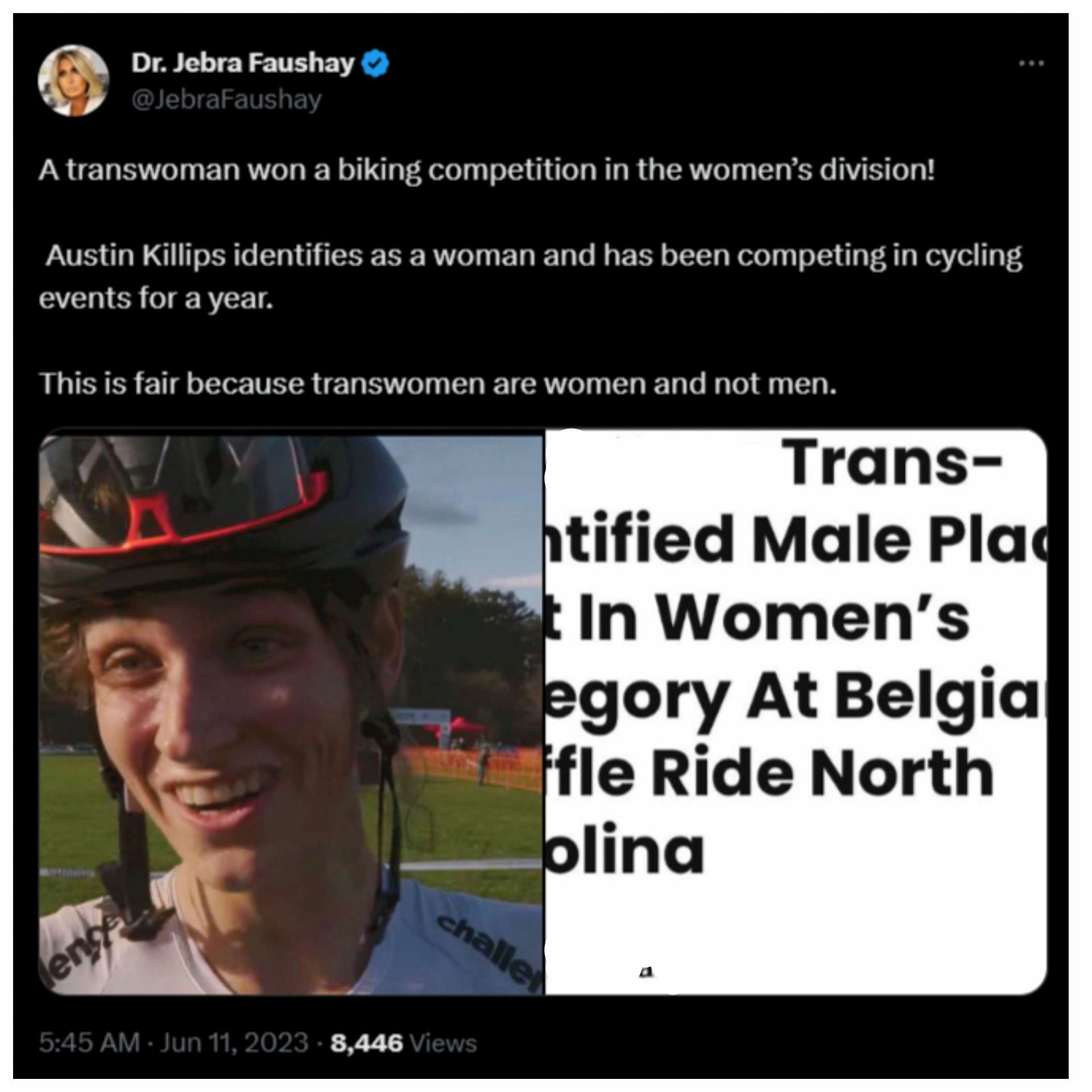 User claims that Austin Killips should not be trolled for competing in women races (Image via Twitter/JebraFaushay)