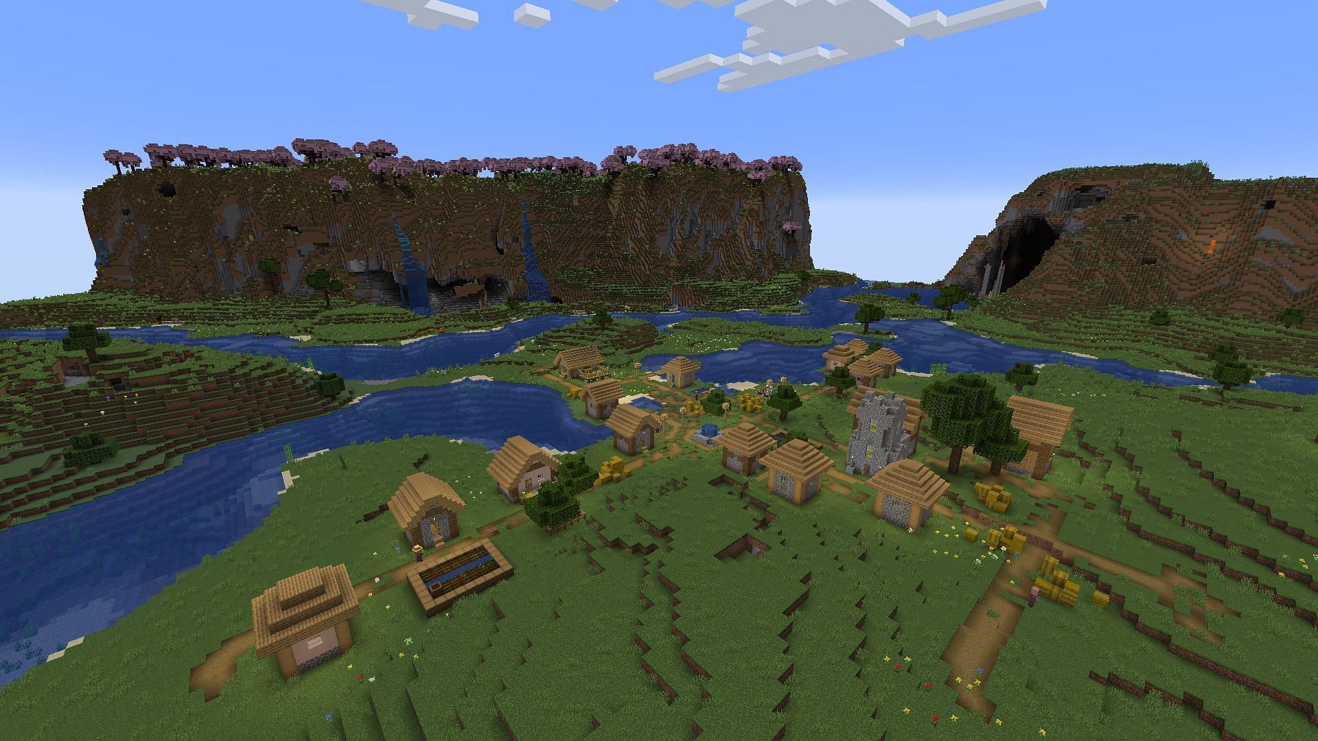 This Minecraft seed provides a village near the spawn with plenty of areas to explore nearby (Image via Mojang)