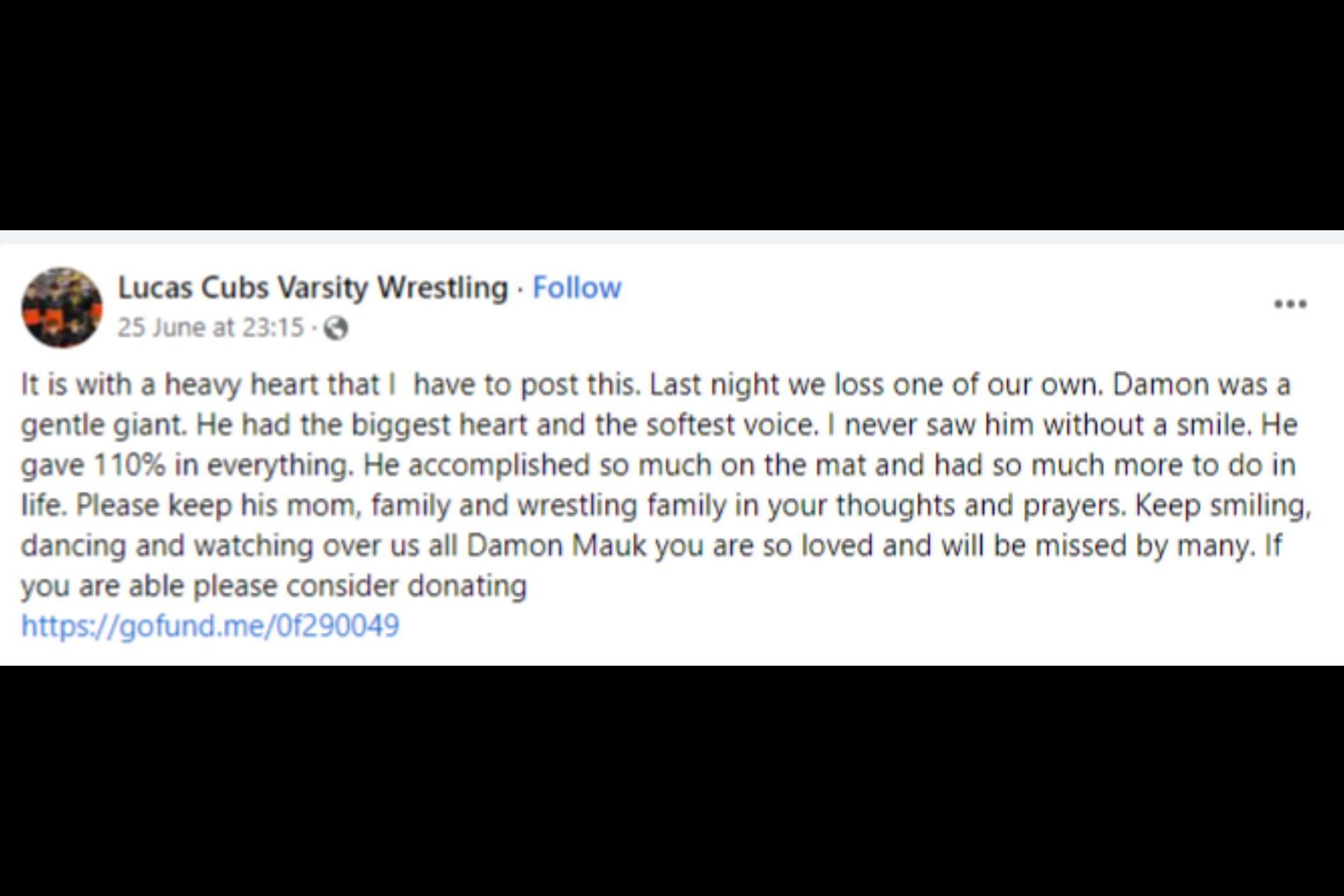 Lucas Cubs Varsity Wrestling team is mourning Damon&#039;s untimely death. (Image via Facebook/Lucas Cubs Varsity Wrestling)