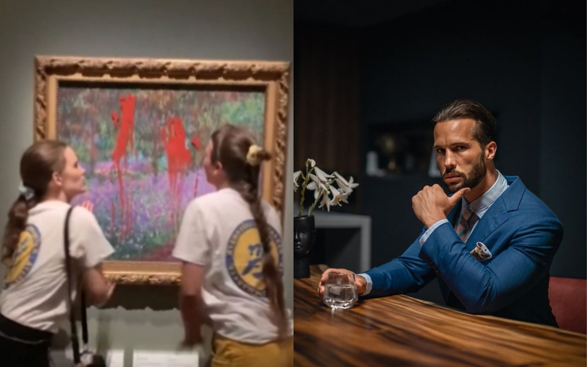 The women destroying the Claude Monet painting (left) and Tristan Tate (right) (Image credits @AP and @TateTheTalisman on Twitter)