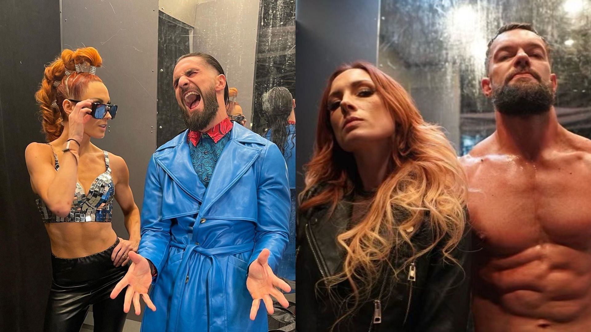 Becky Lynch with WWE World Heavyweight Champion Seth Rollins (left) and with Finn Balor (right)