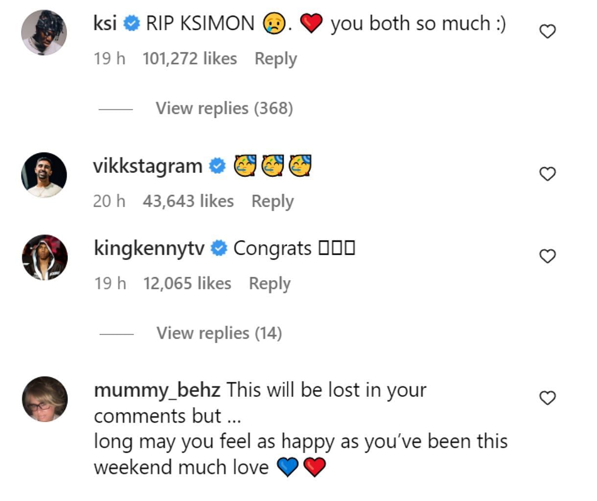 KSI and Vikkstar123&#039;s comments on the post (Image via Instagram)