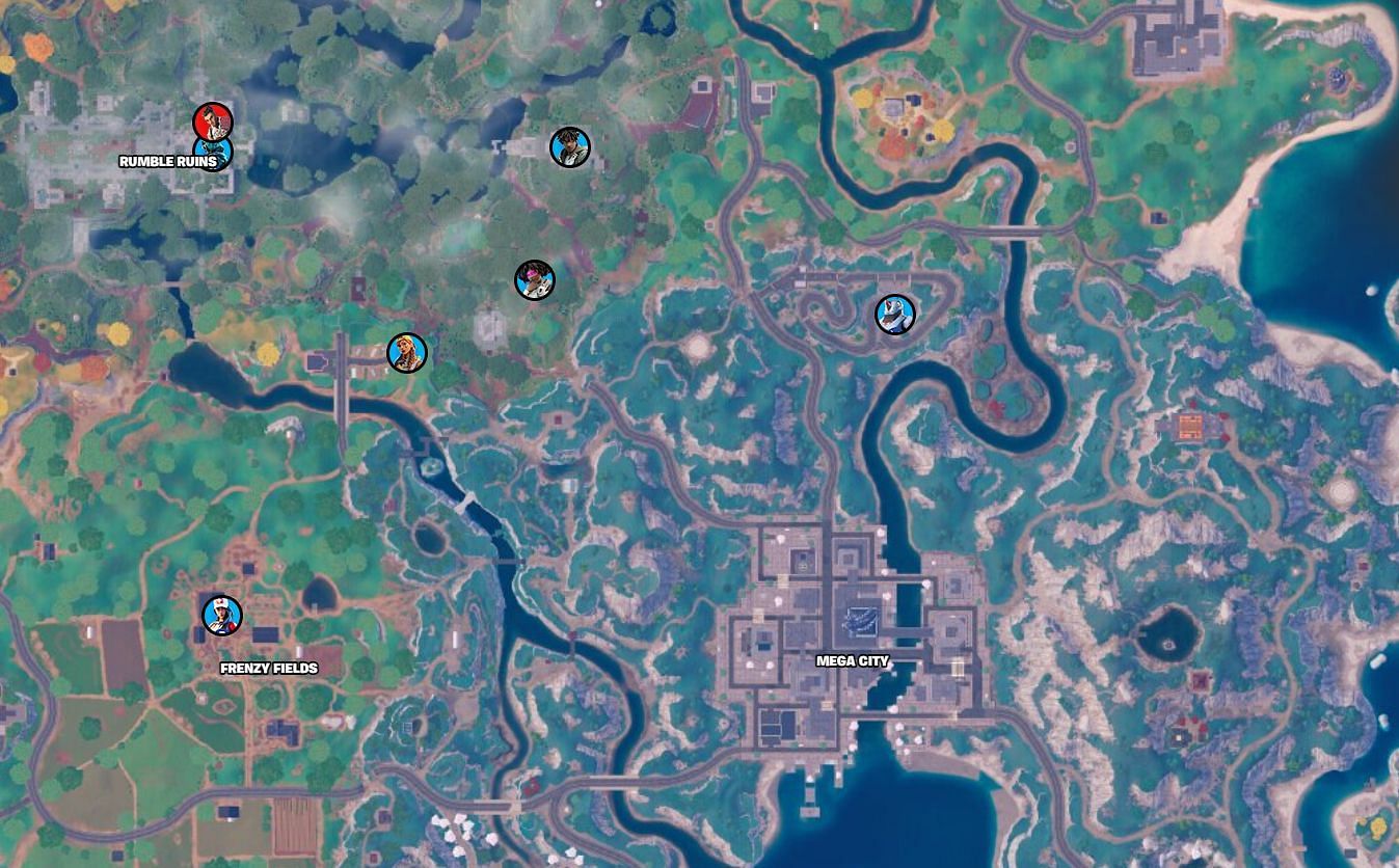 Locations of NPCs closest to each other in Fortnite Chapter 4 Season 3 (Image via Fortnite.GG)