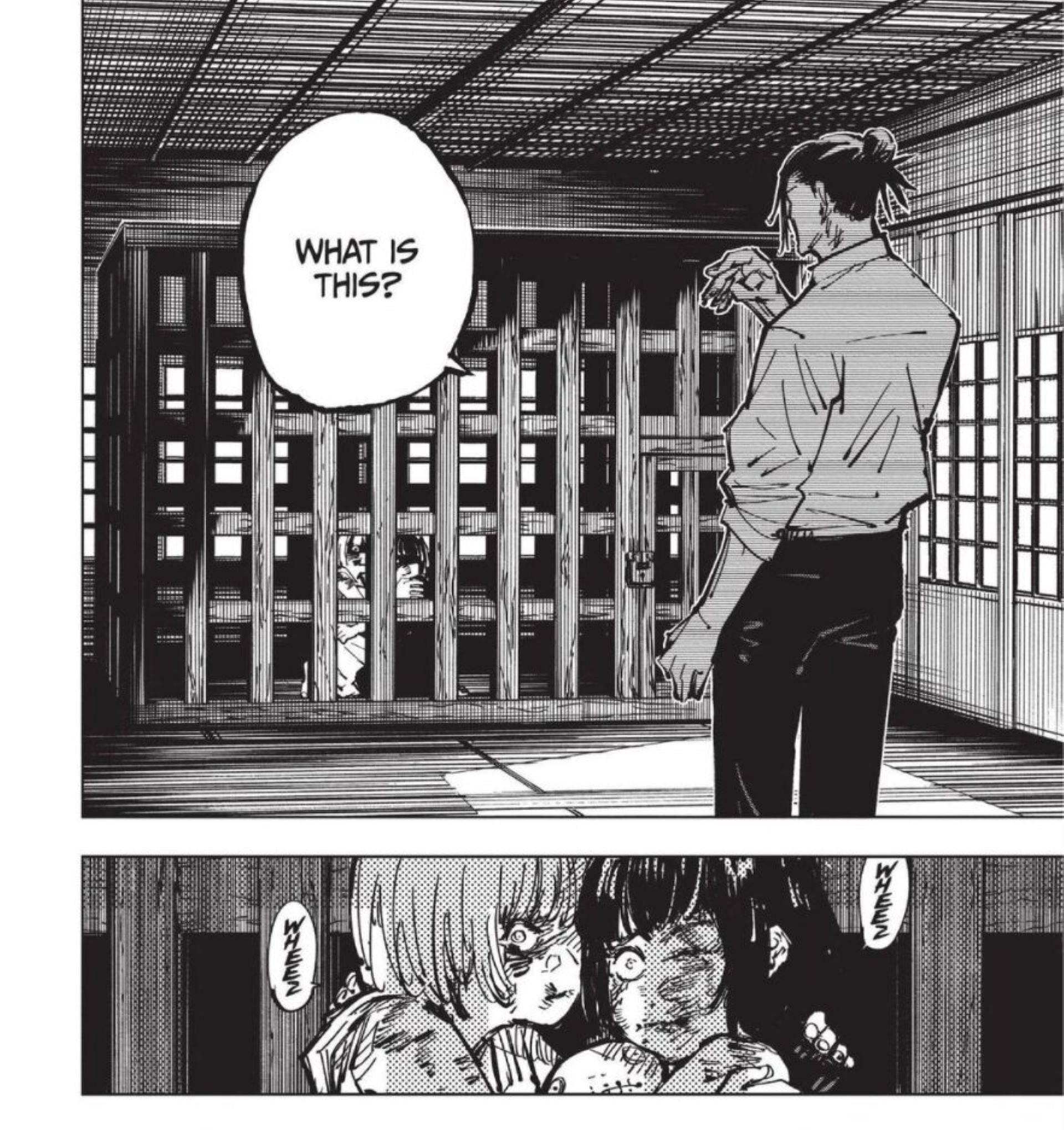 Geto sees caged Mimiko and Nanako in a village (Image via Jujutsu Kaisen manga/Gege Akutami)