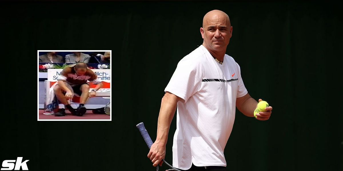 Andre Agassi changes to new pair of shoes during his game against MaliVai Washington (inset)