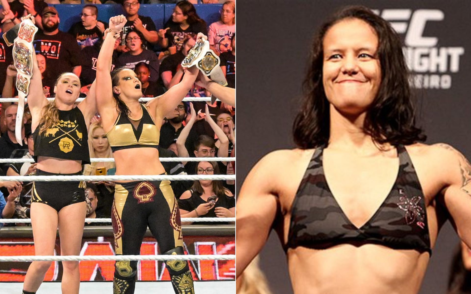Ronda Rousey and Shayna Baszler [Left], and Shayna Baszler during UFC weigh-in [Right] [Photo credit: wwe.com, and @sherdogdotcom - Twitter]