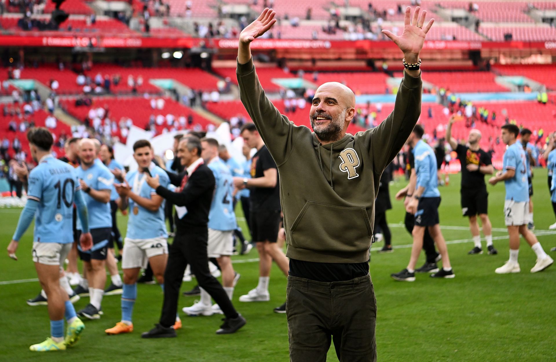 Pep Guardiola celebrates his FA Cup win over Manchester City at the Wembley.