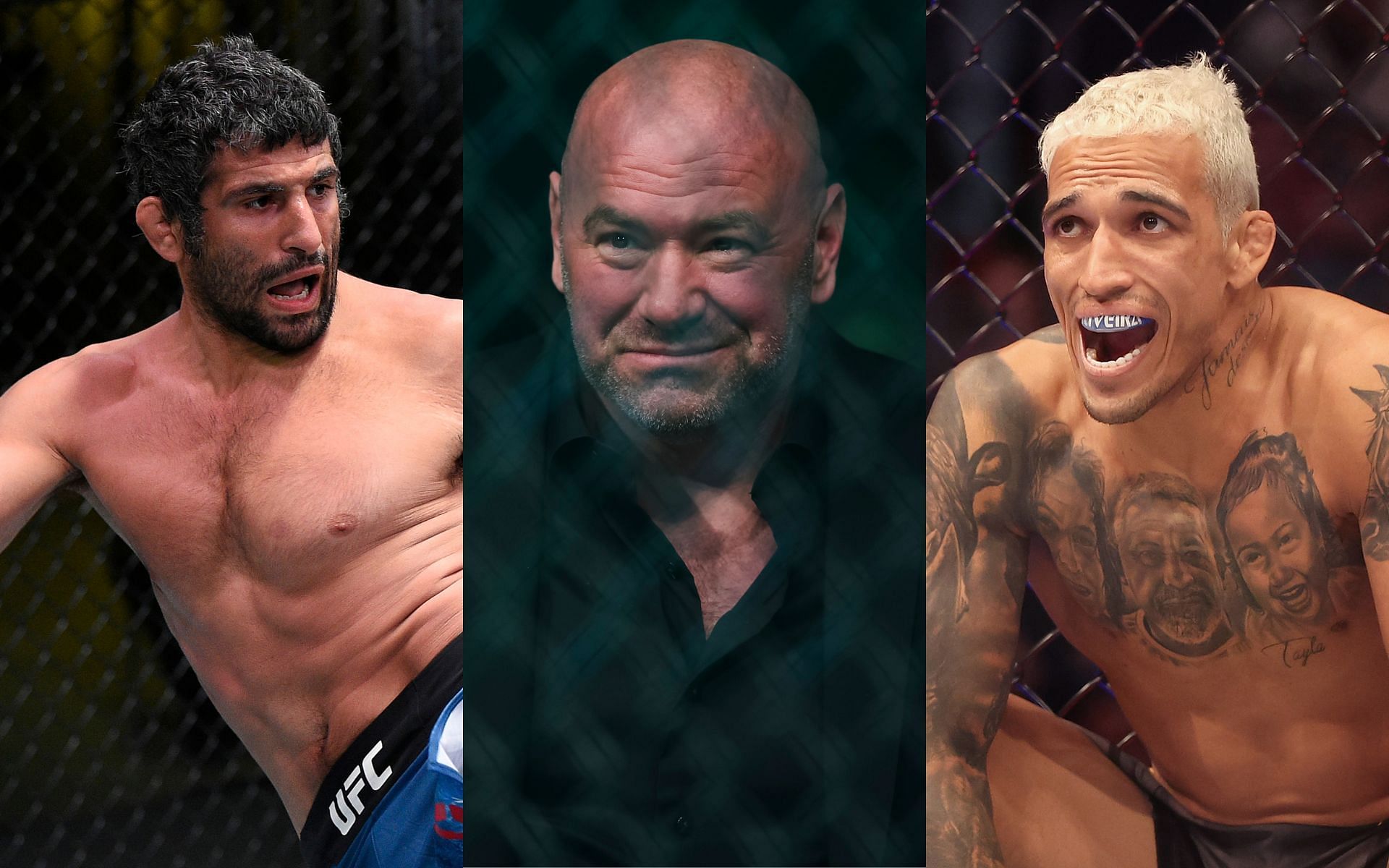 Beneil Dariush (Left), Dana White (Middle), and Charles Oliveira (Right)