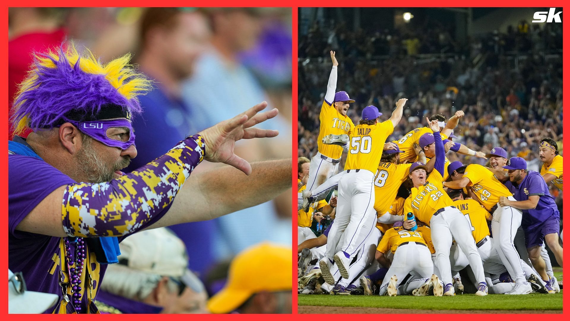 The LSU Tigers celebrate after winning the NCAA College World Series baseball finals against the Florida Gators