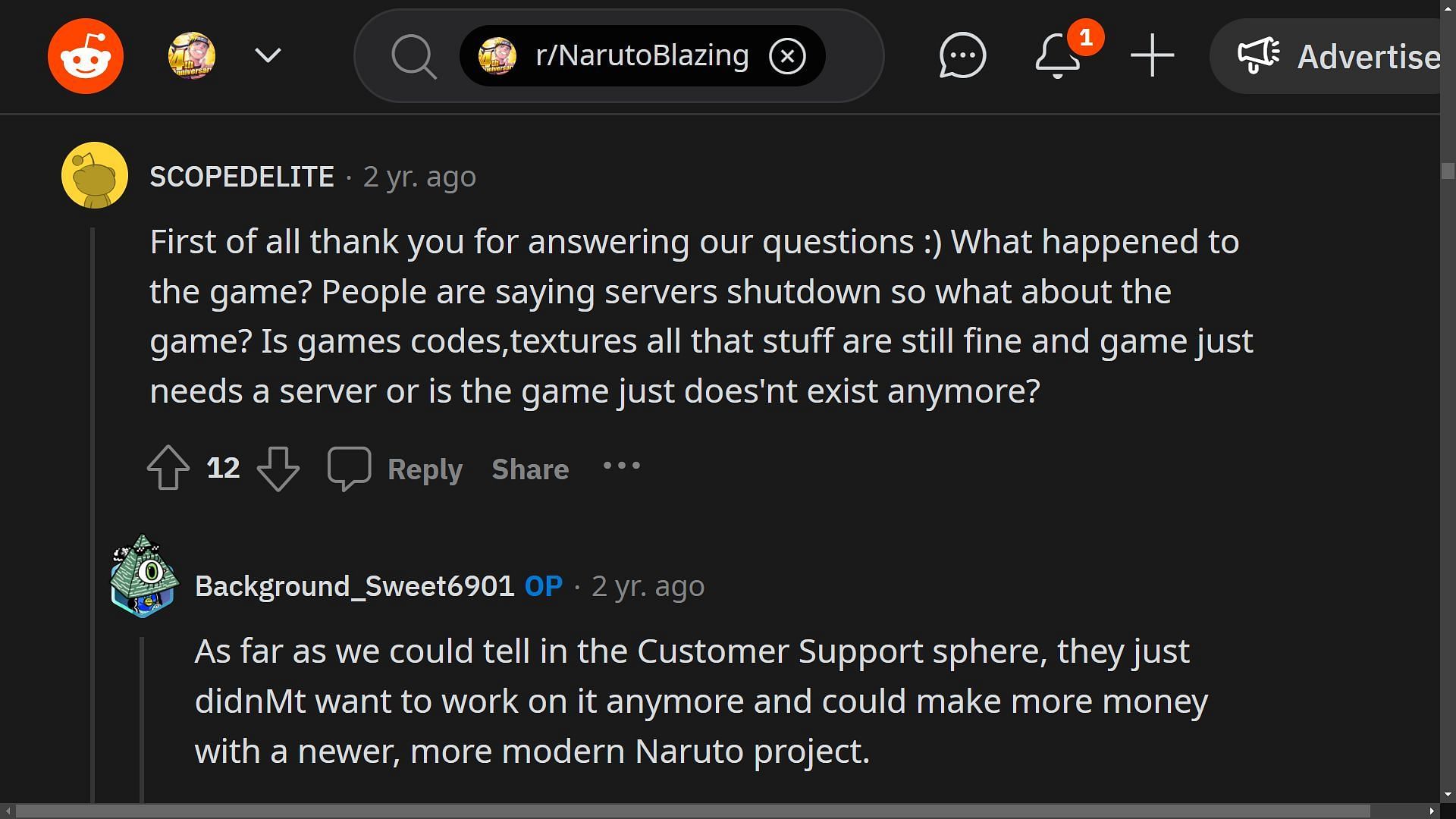 The person in the subreddit also explained how Bandai Namco wanted to focus their efforts on a new project (Screengrab via Reddit thread r/NarutoBlazing)