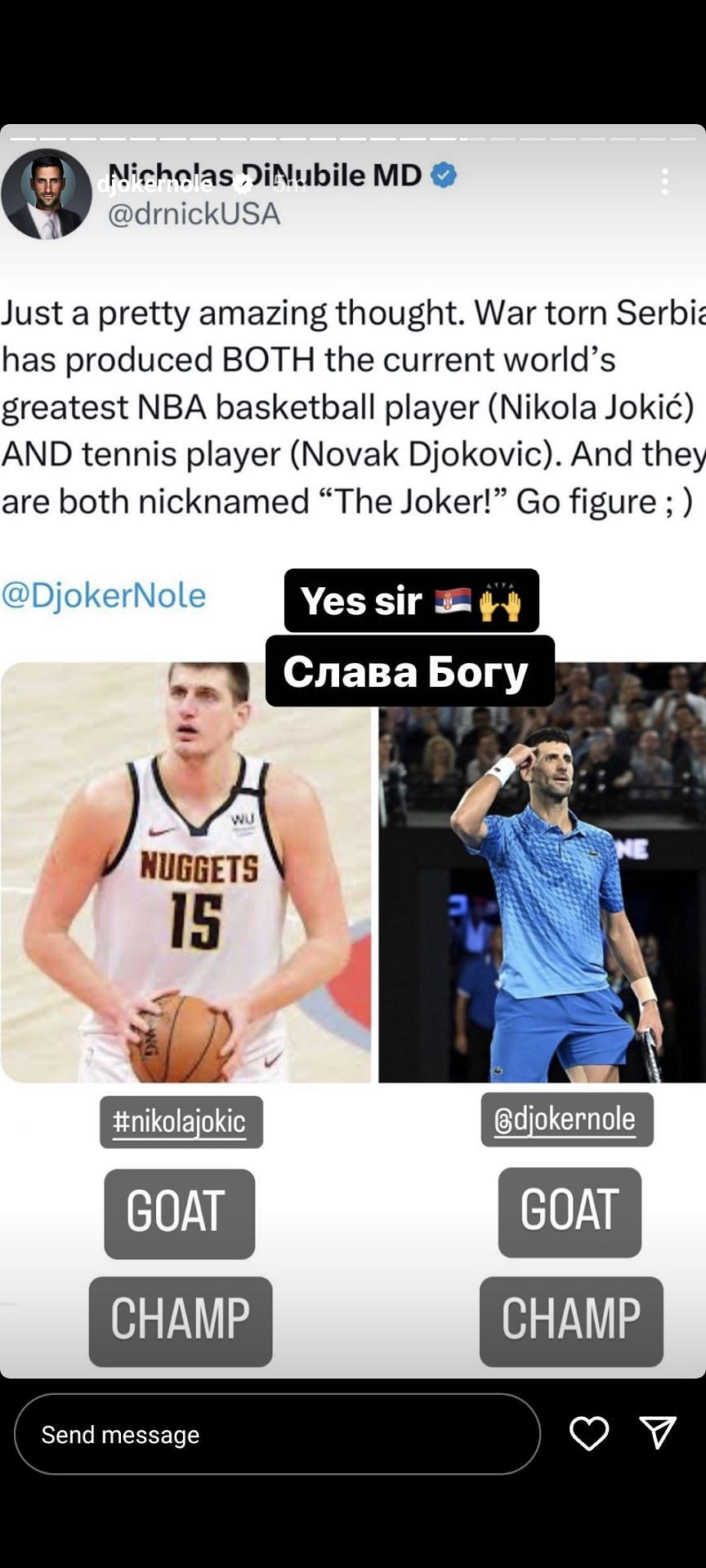 Novak Djokovic congratulates Nikola Jokic