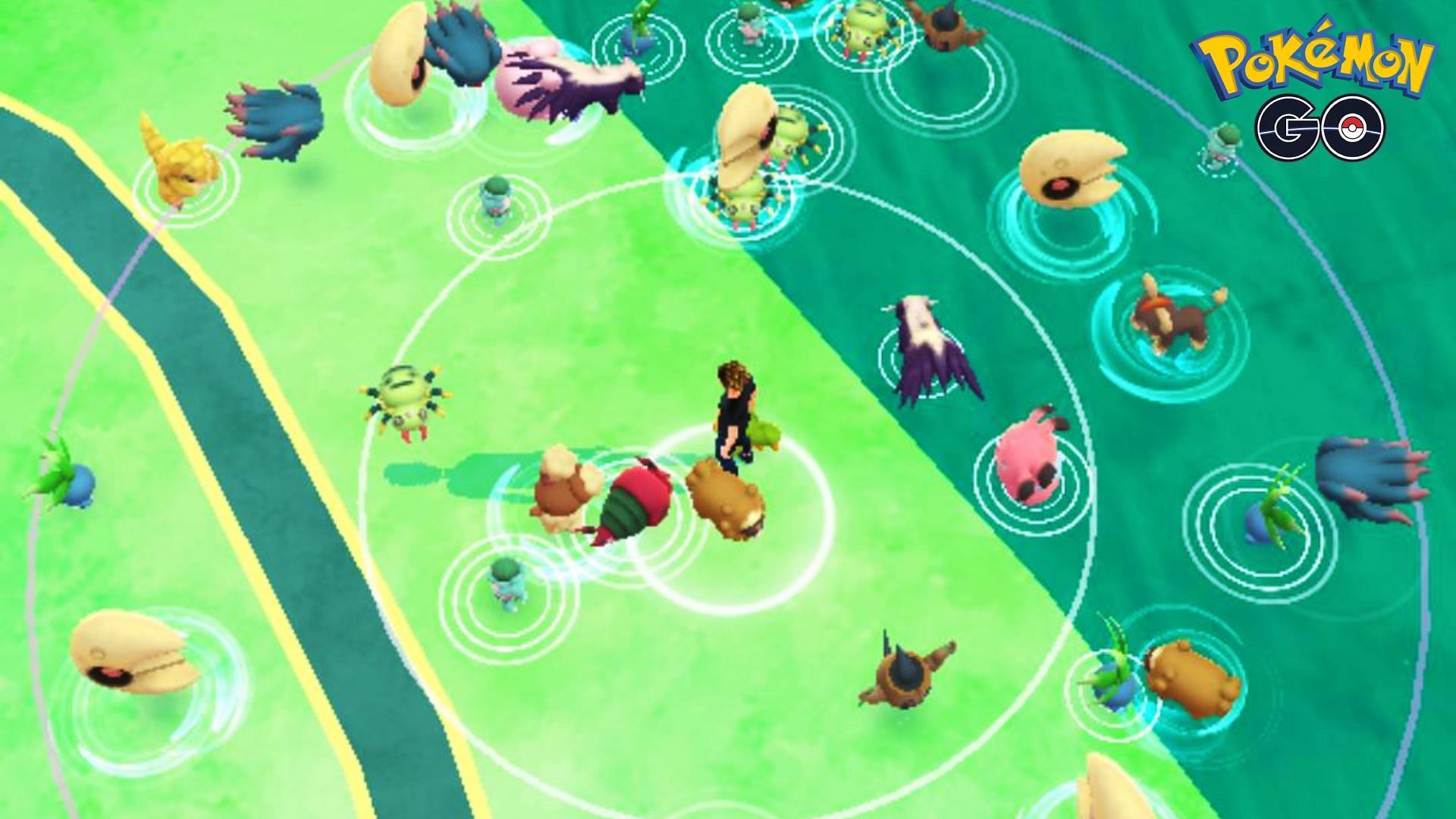 Many different pokemon spawning around the player model on the Pokemon GO map.