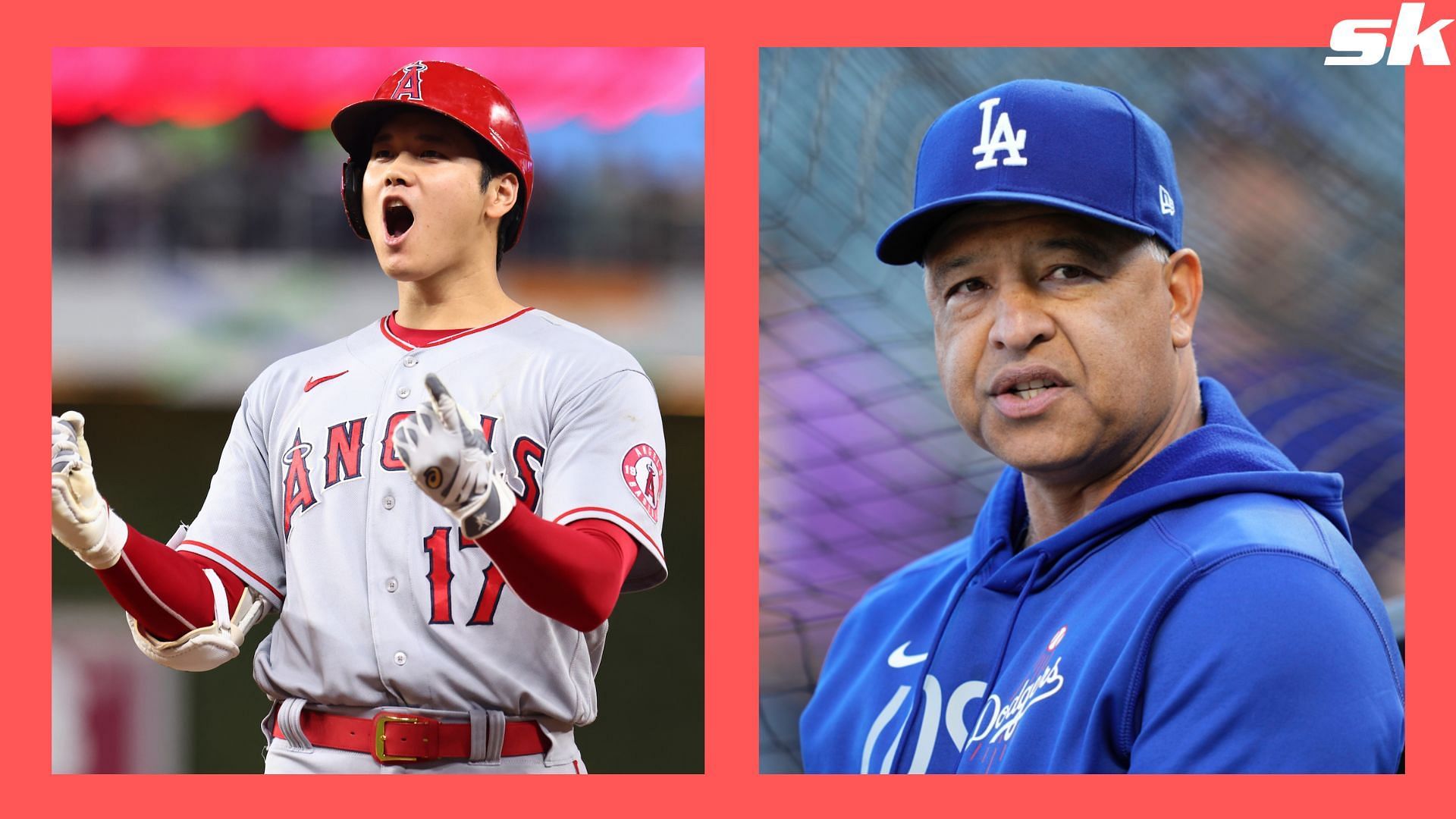 Shohei Ohtani of the Los Angeles Angels and Dave Roberts of the Los Angeles Dodgers